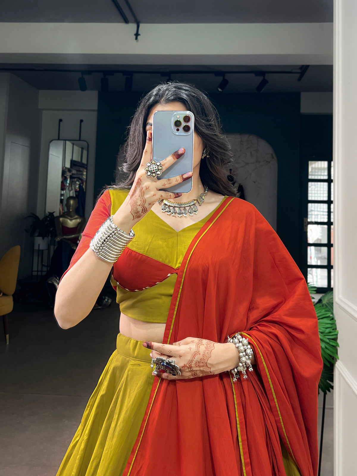 Dhabu Cotton Embossed Design Navratri Lehenga With Dupatta