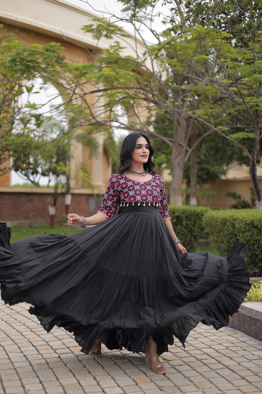 Kora Cotton Thread Embroidered Navratri Gown