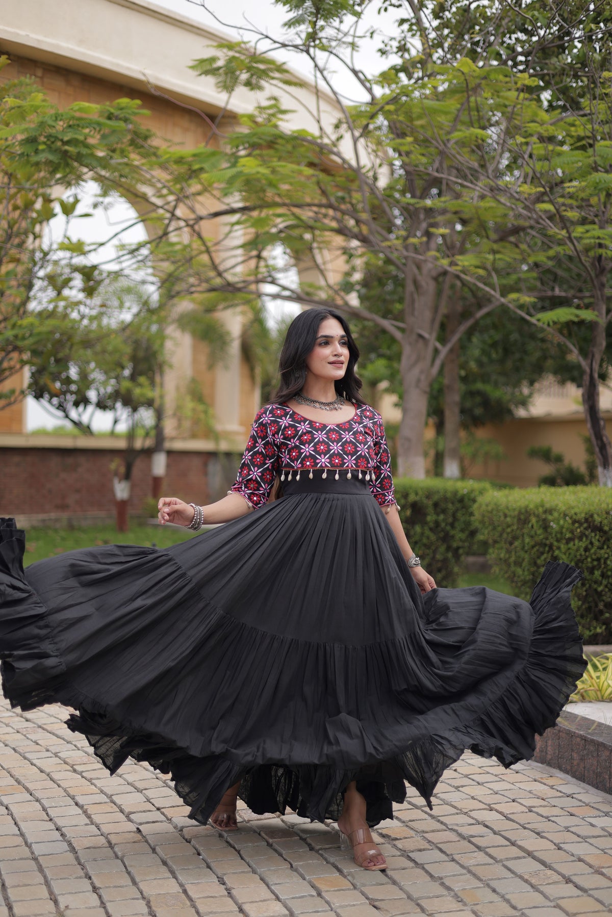 Kora Cotton Thread Embroidered Navratri Gown