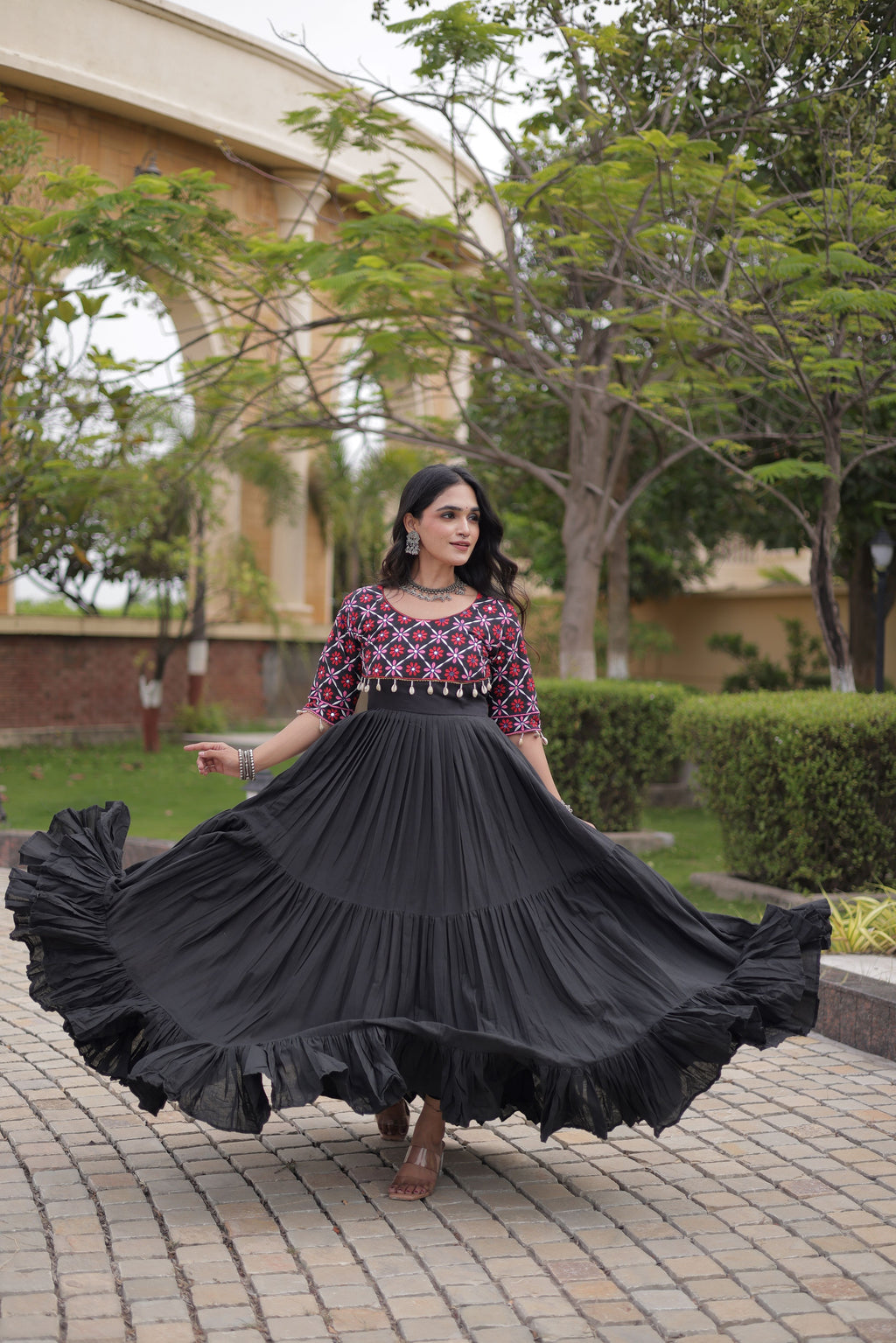 Kora Cotton Thread Embroidered Navratri Gown