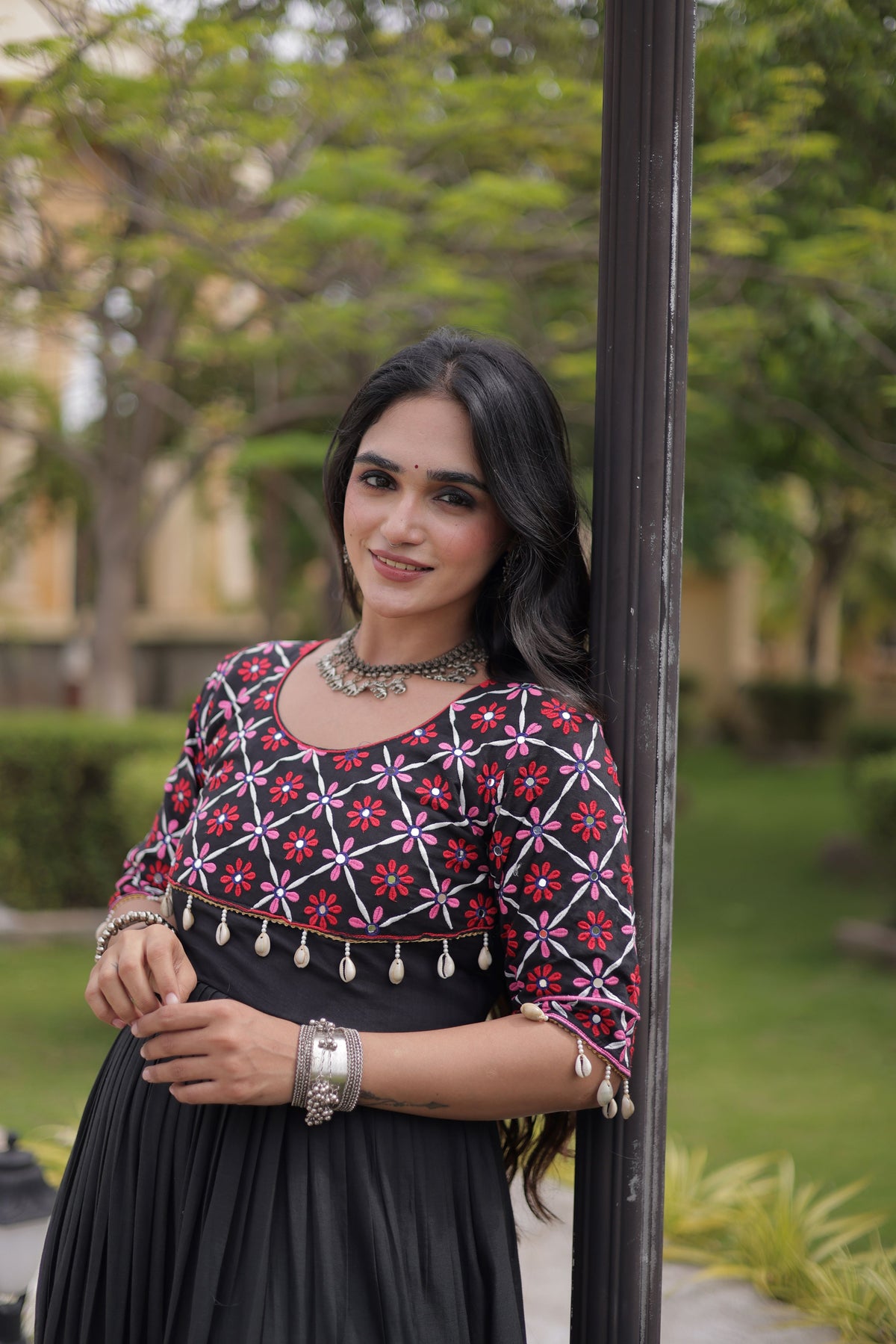 Kora Cotton Thread Embroidered Navratri Gown
