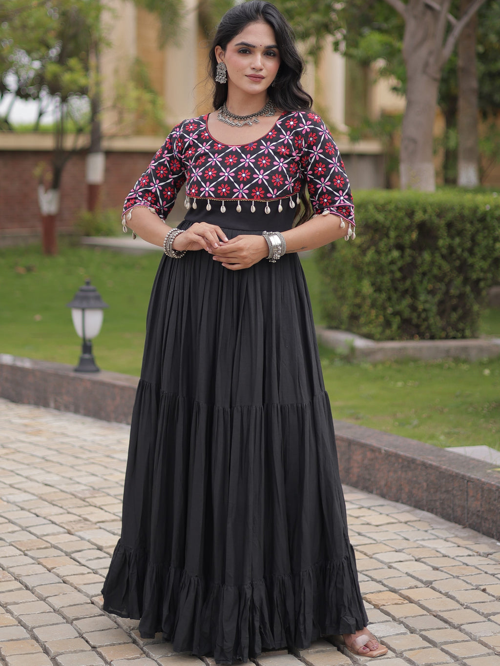 Kora Cotton Thread Embroidered Navratri Gown