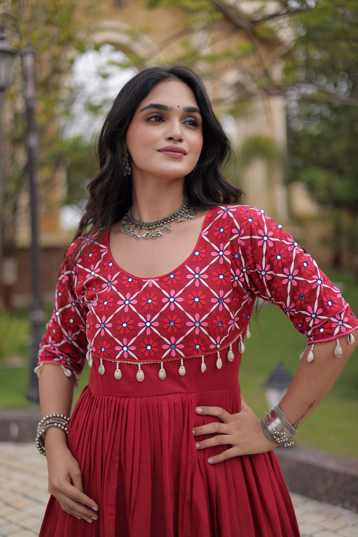 Kora Cotton Thread Embroidered Navratri Gown