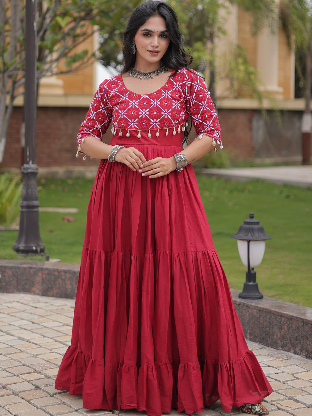 Kora Cotton Thread Embroidered Navratri Gown