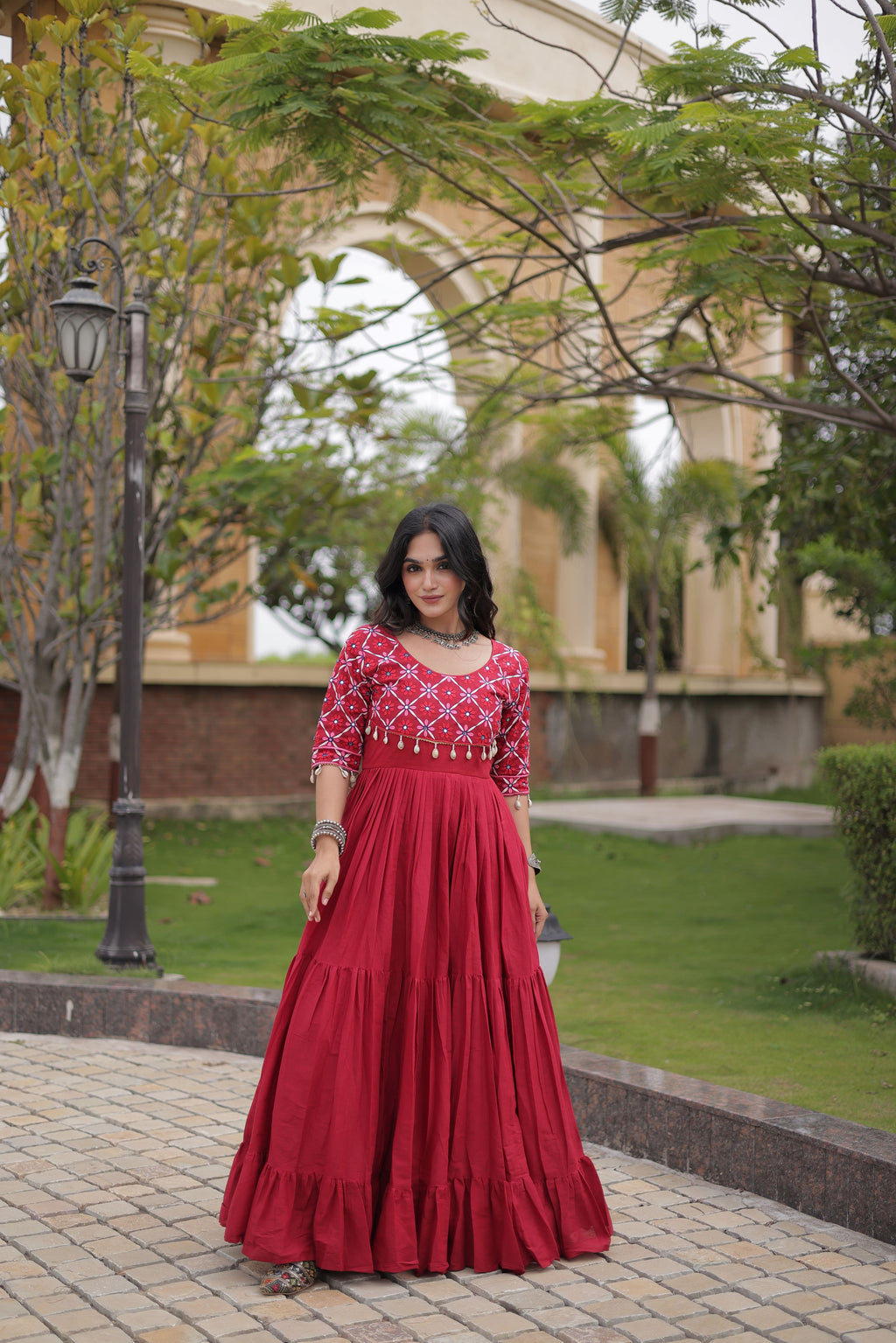 Kora Cotton Thread Embroidered Navratri Gown