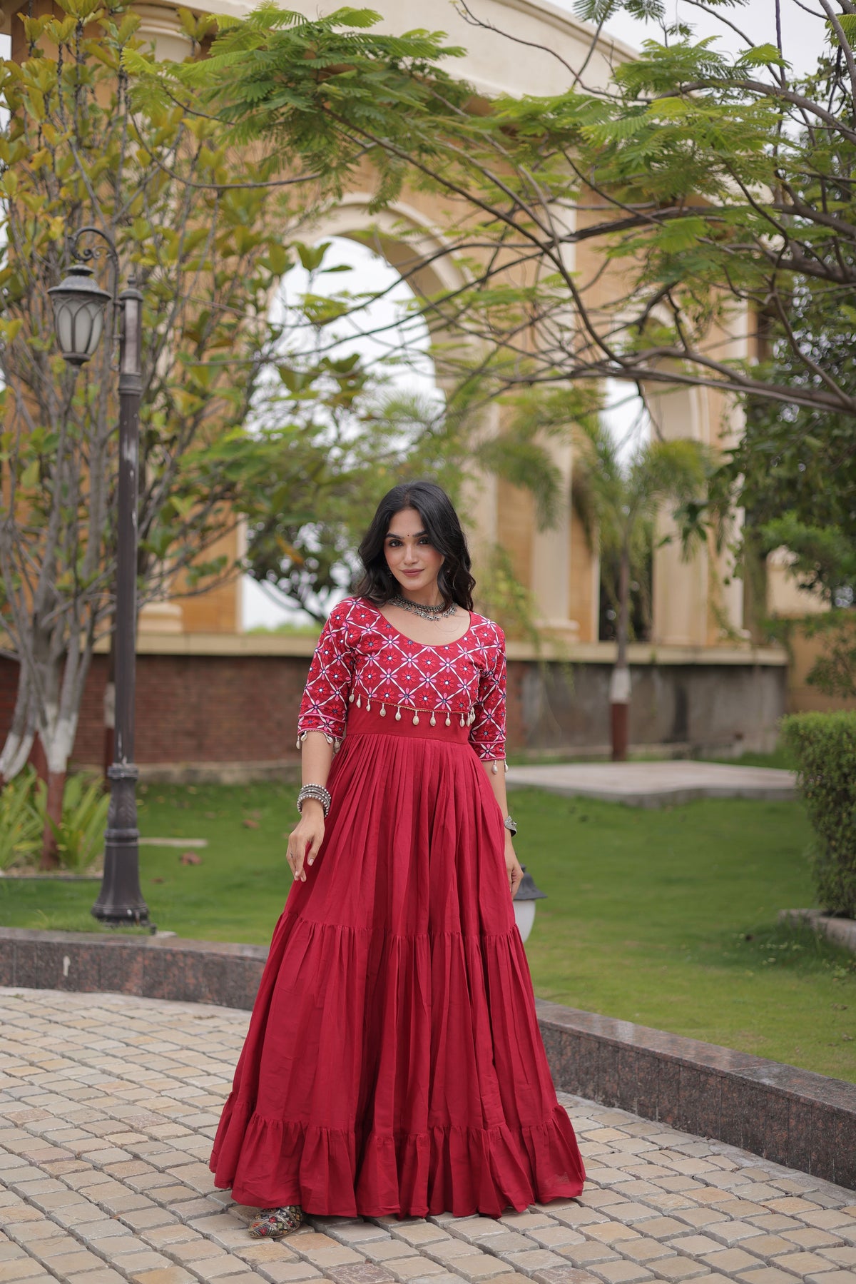 Kora Cotton Thread Embroidered Navratri Gown
