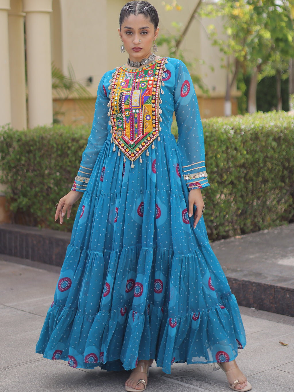 Faux Georgette Bandhej Printed Navratri Gown