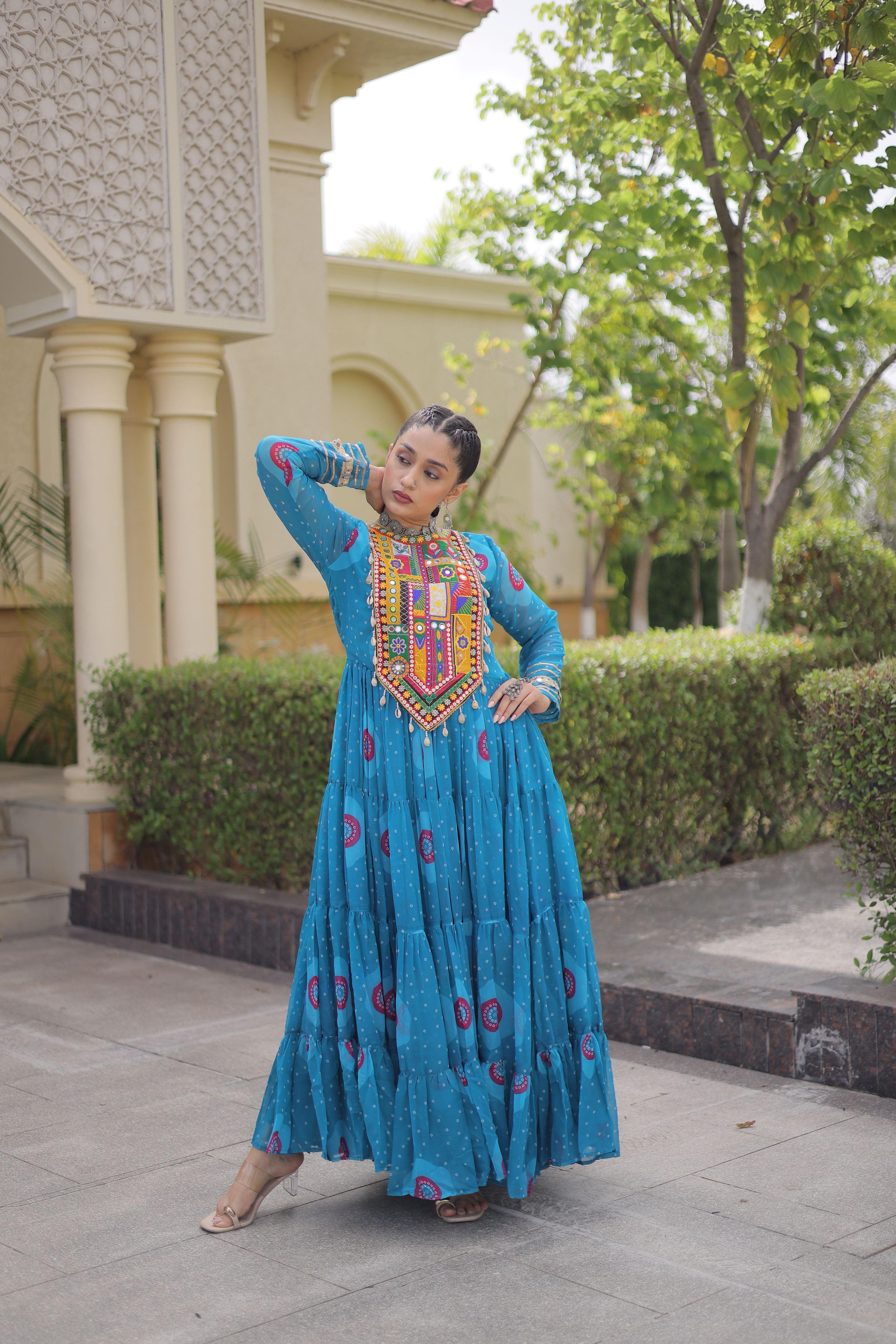 Faux Georgette Bandhej Printed Navratri Gown