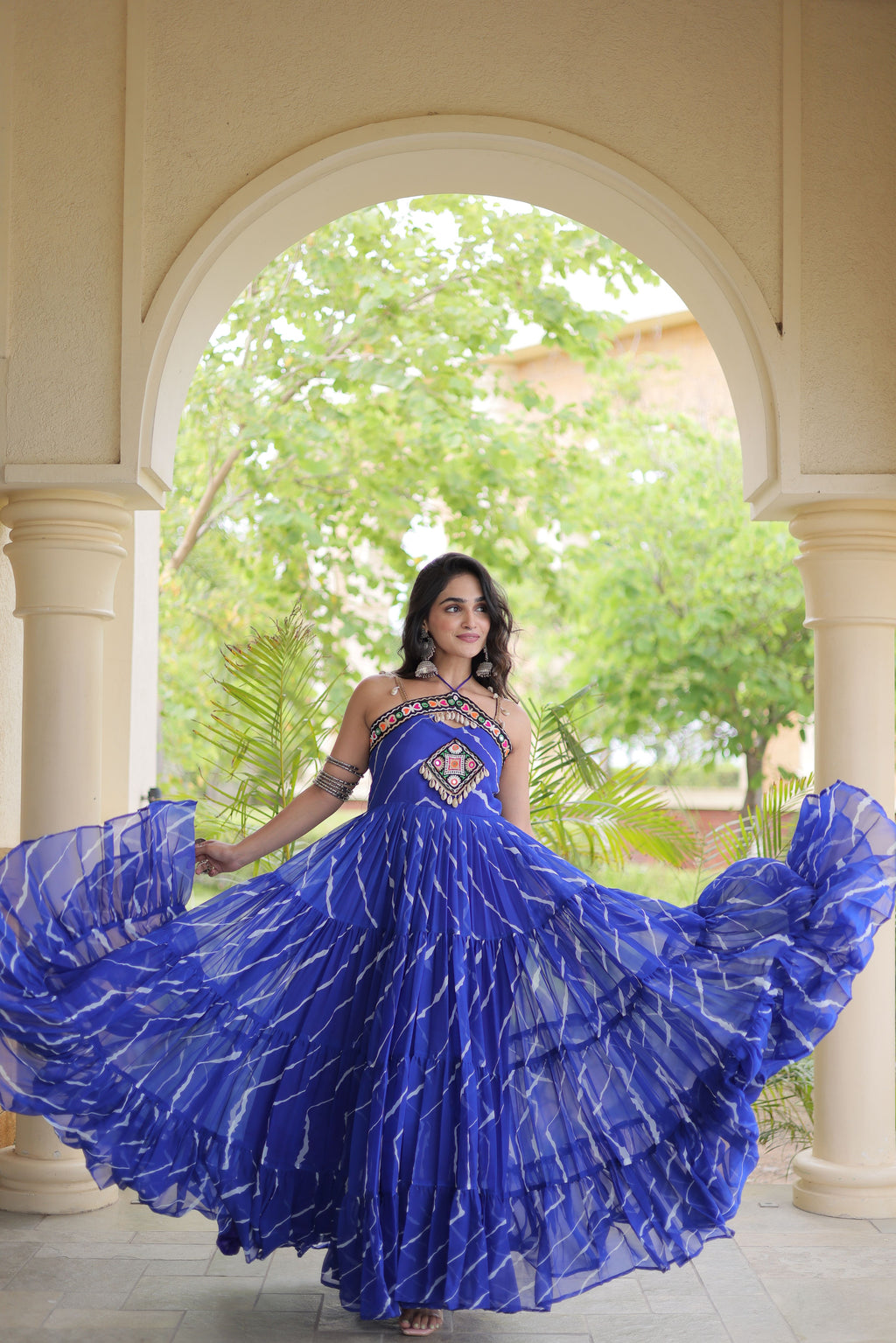 Faux Georgette Laheriya Printed Navratri Gown