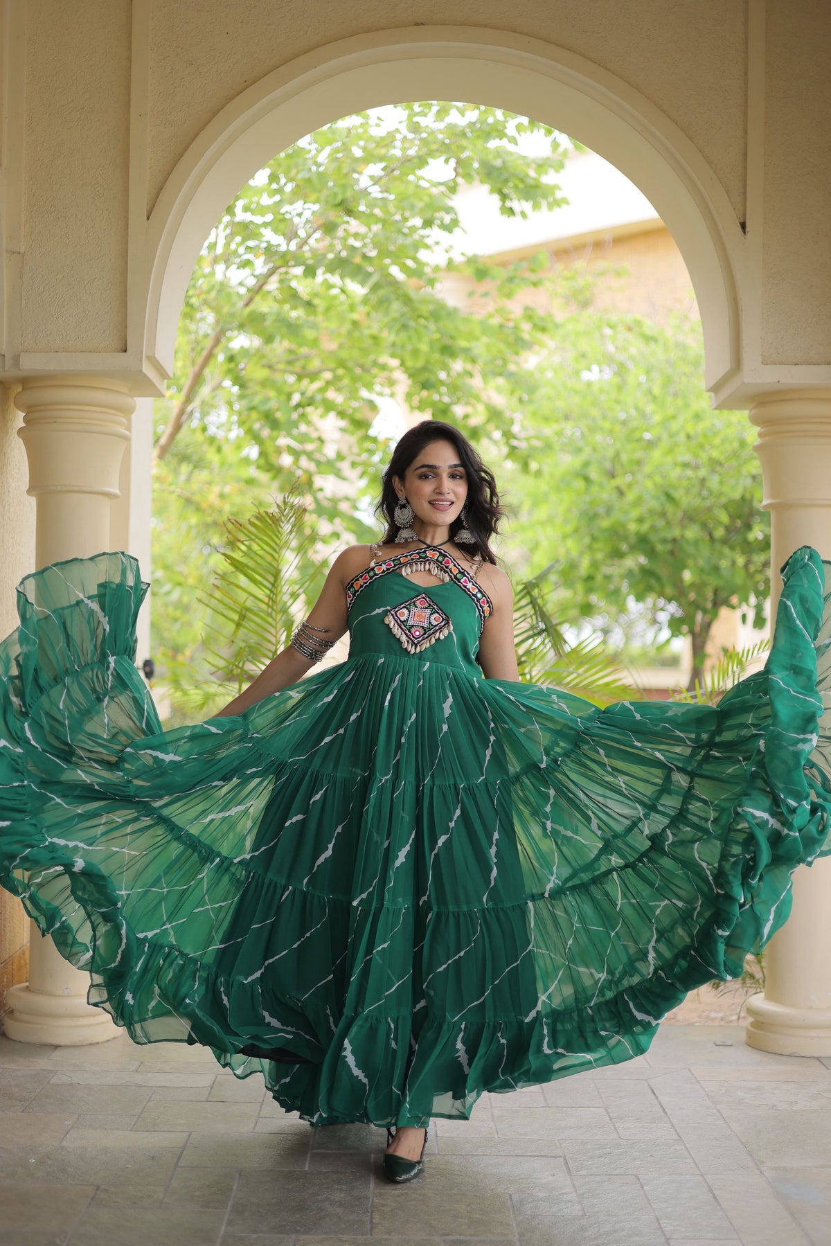 Faux Georgette Laheriya Printed Navratri Gown
