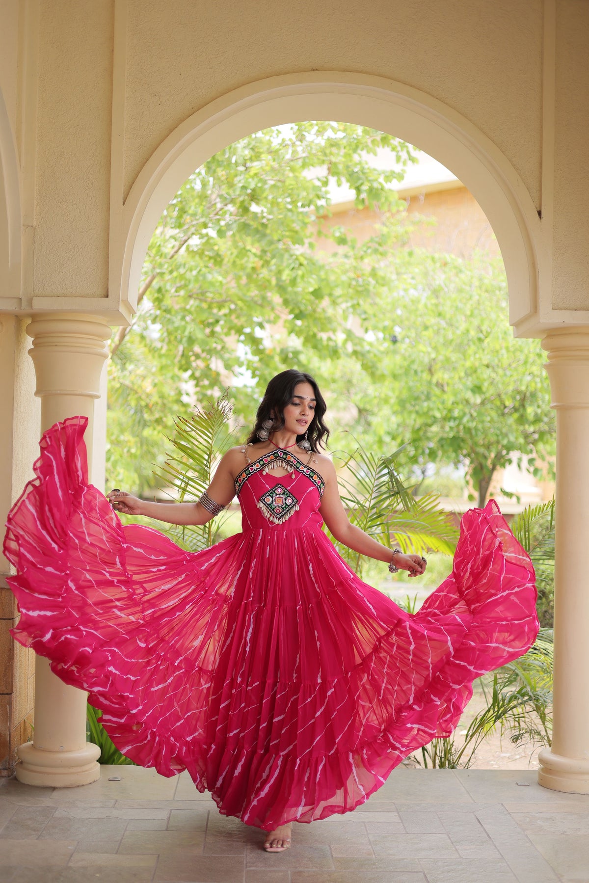 Faux Georgette Laheriya Printed Navratri Gown