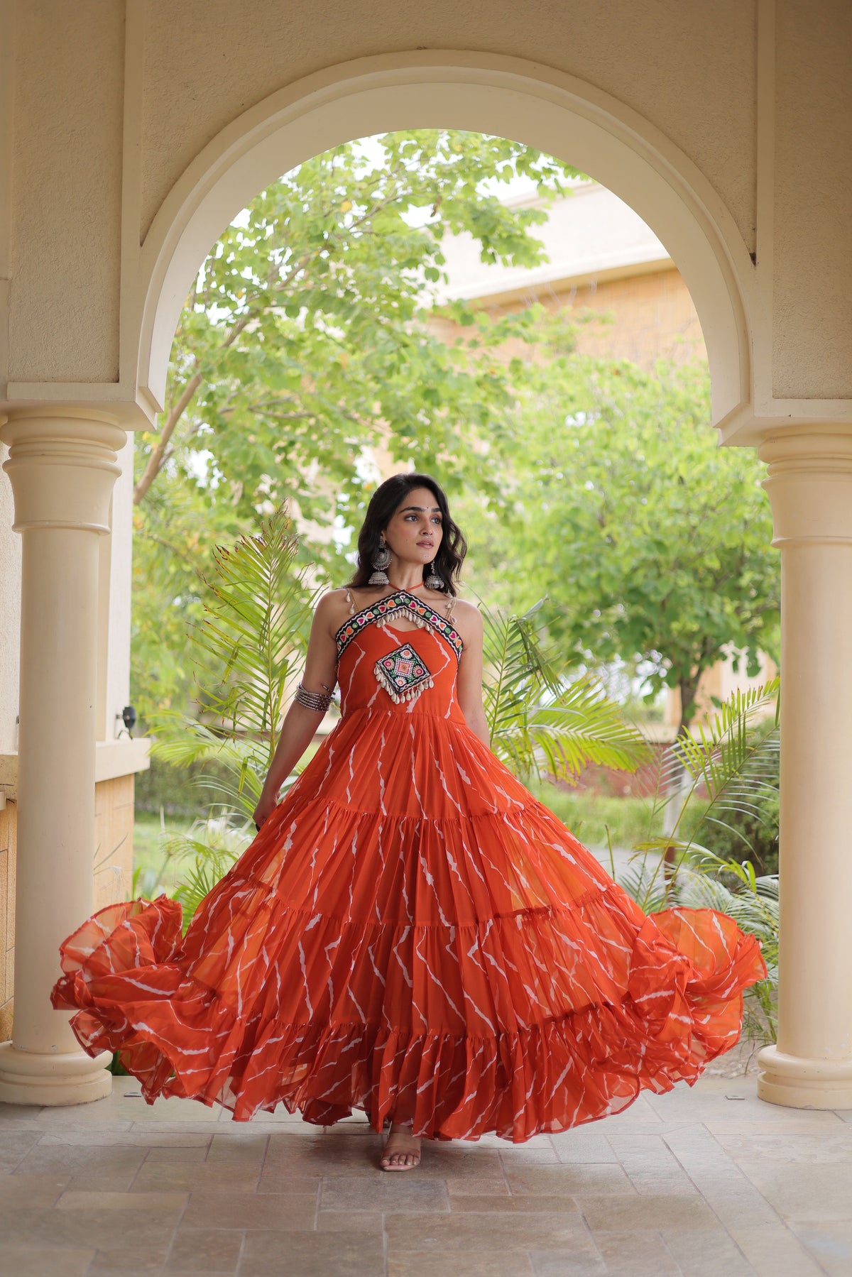 Faux Georgette Laheriya Printed Navratri Gown