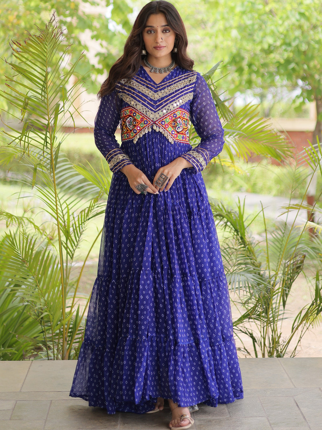 Faux Georgette Bandhani Printed Navratri Gown
