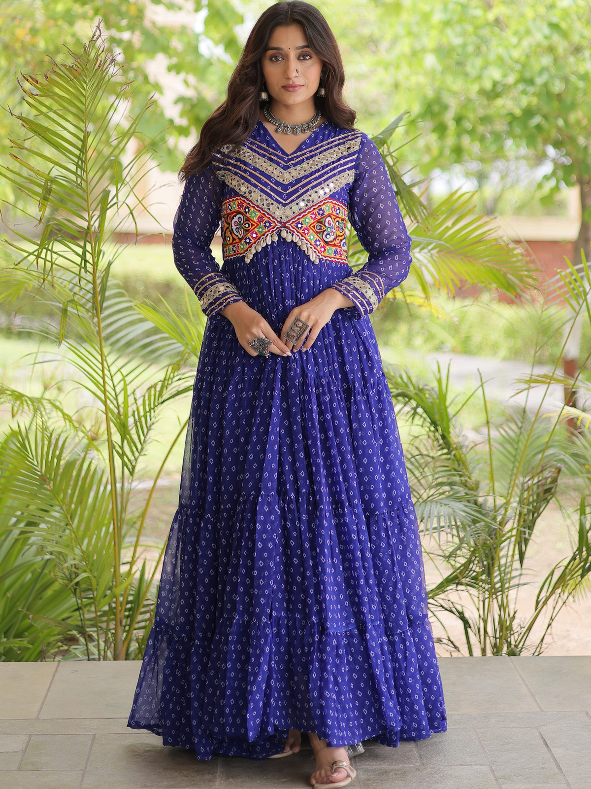 Faux Georgette Bandhani Printed Navratri Gown