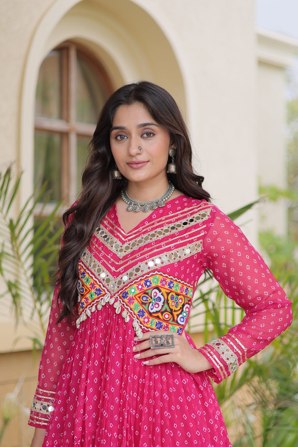 Faux Georgette Bandhani Printed Navratri Gown
