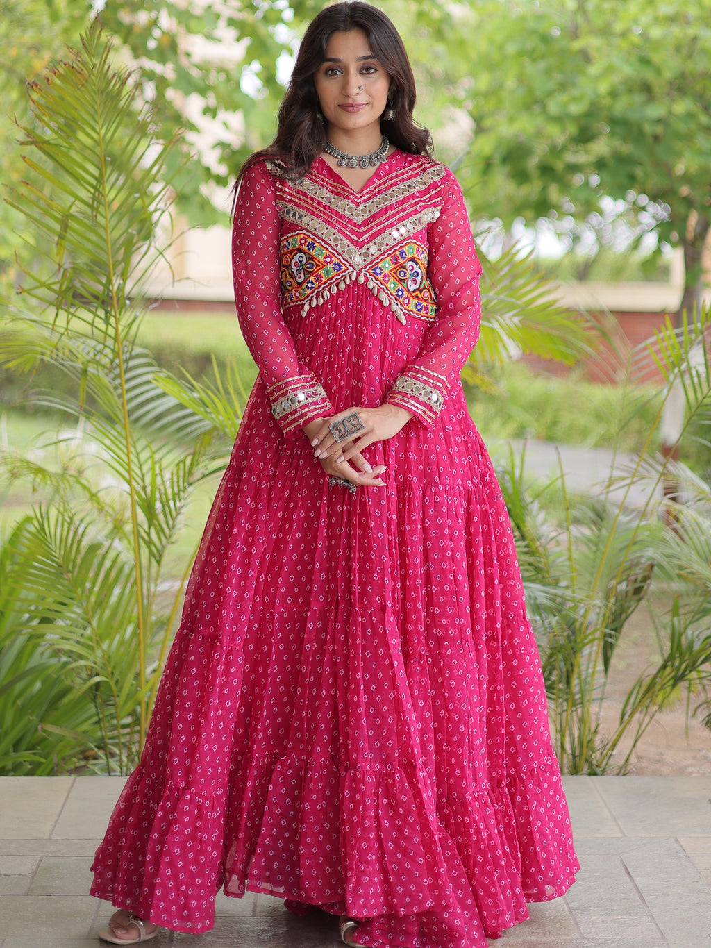 Faux Georgette Bandhani Printed Navratri Gown