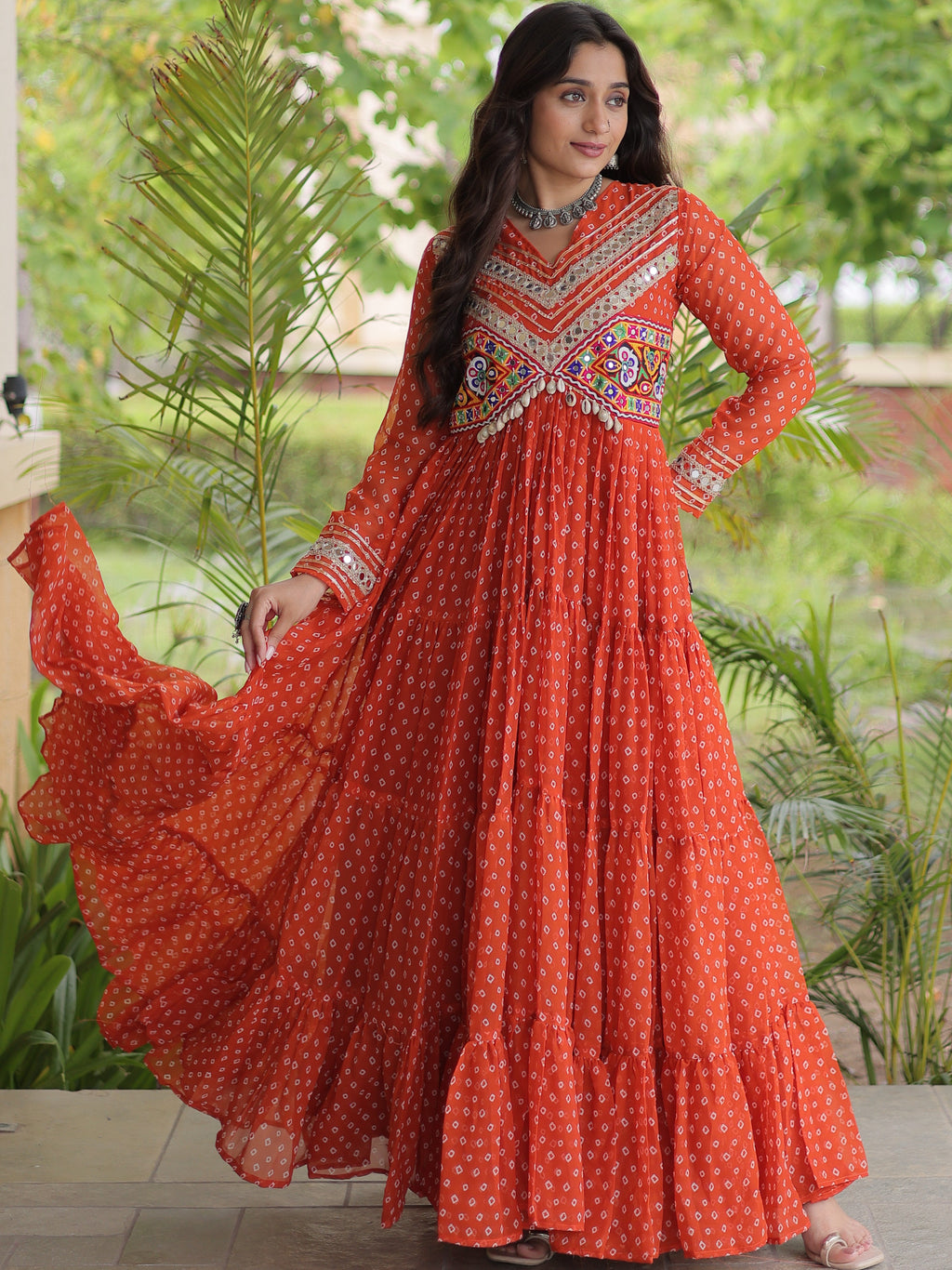 Faux Georgette Bandhani Printed Navratri Gown