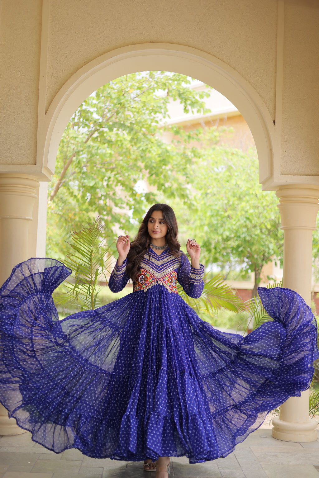 Faux Georgette Bandhani Printed Navratri Gown