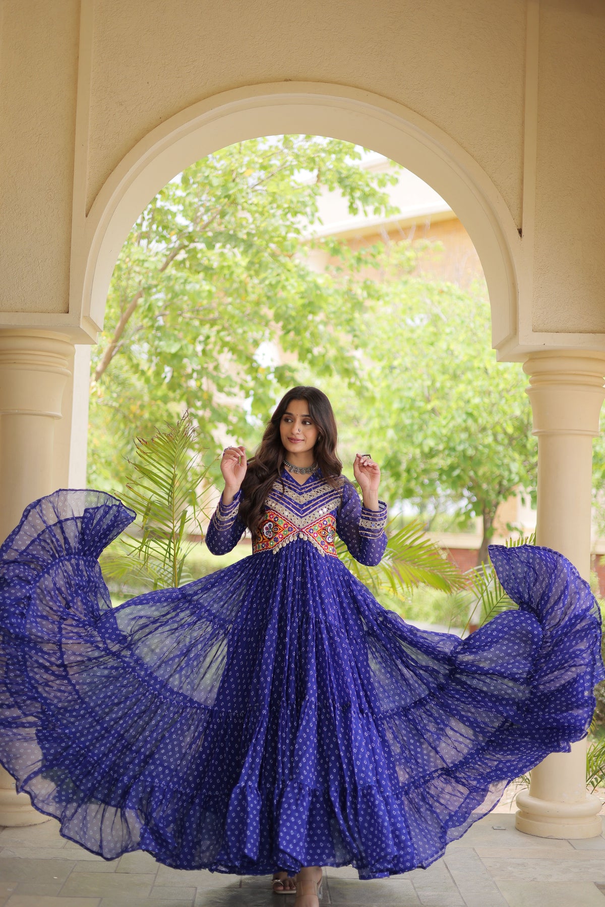 Faux Georgette Bandhani Printed Navratri Gown