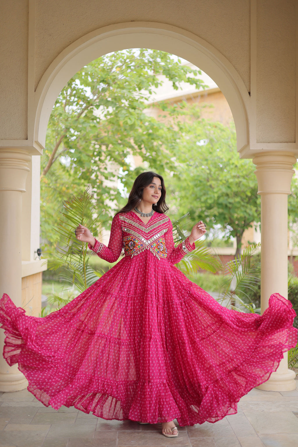 Faux Georgette Bandhani Printed Navratri Gown