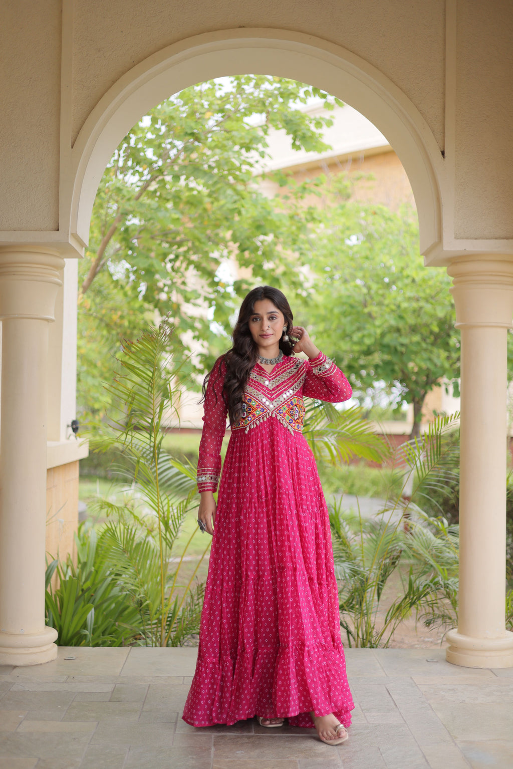 Faux Georgette Bandhani Printed Navratri Gown