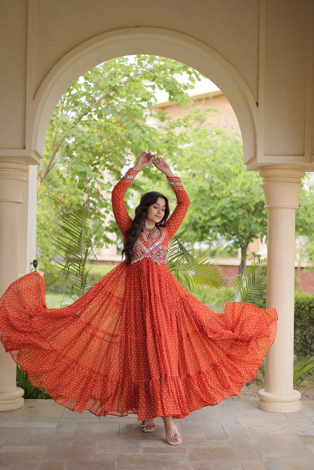 Faux Georgette Bandhani Printed Navratri Gown