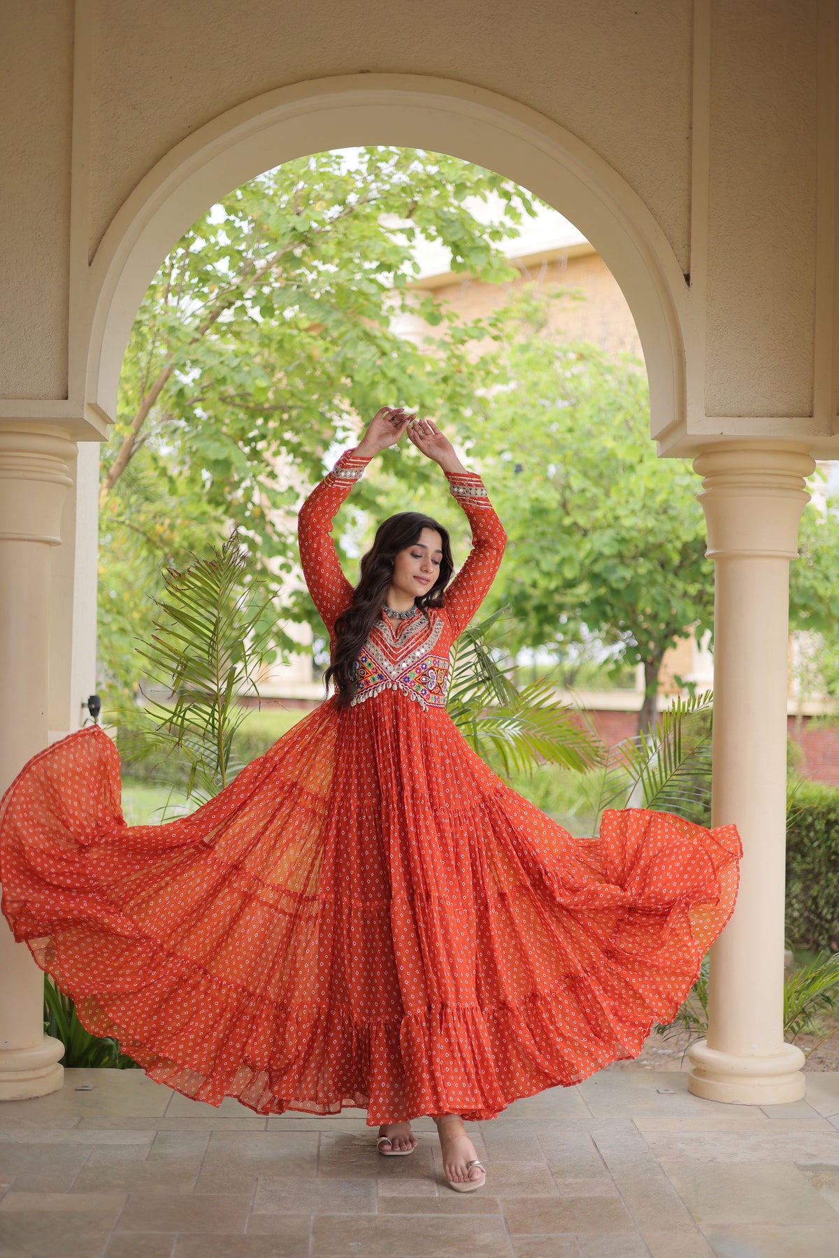 Faux Georgette Bandhani Printed Navratri Gown