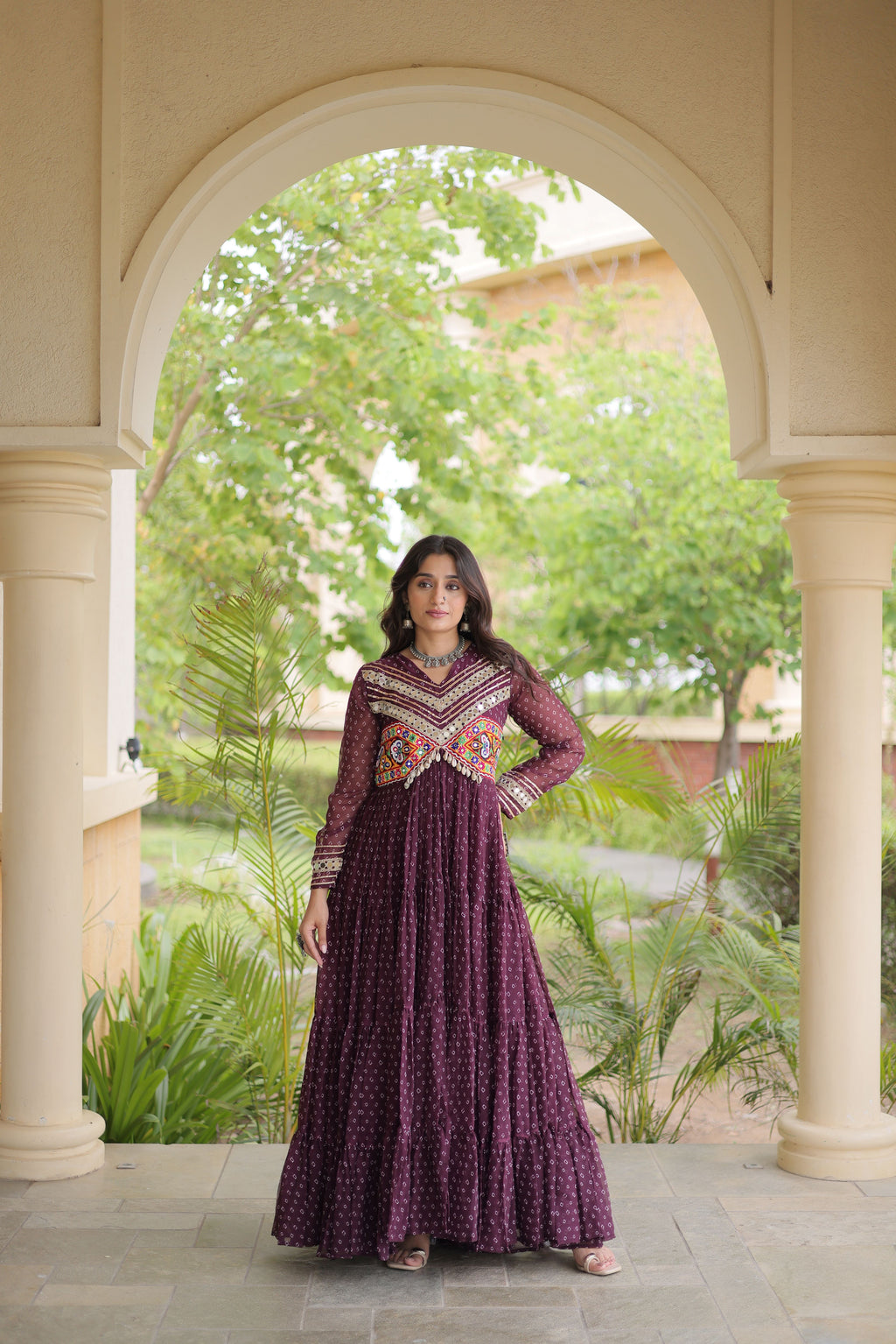 Faux Georgette Bandhani Printed Navratri Gown