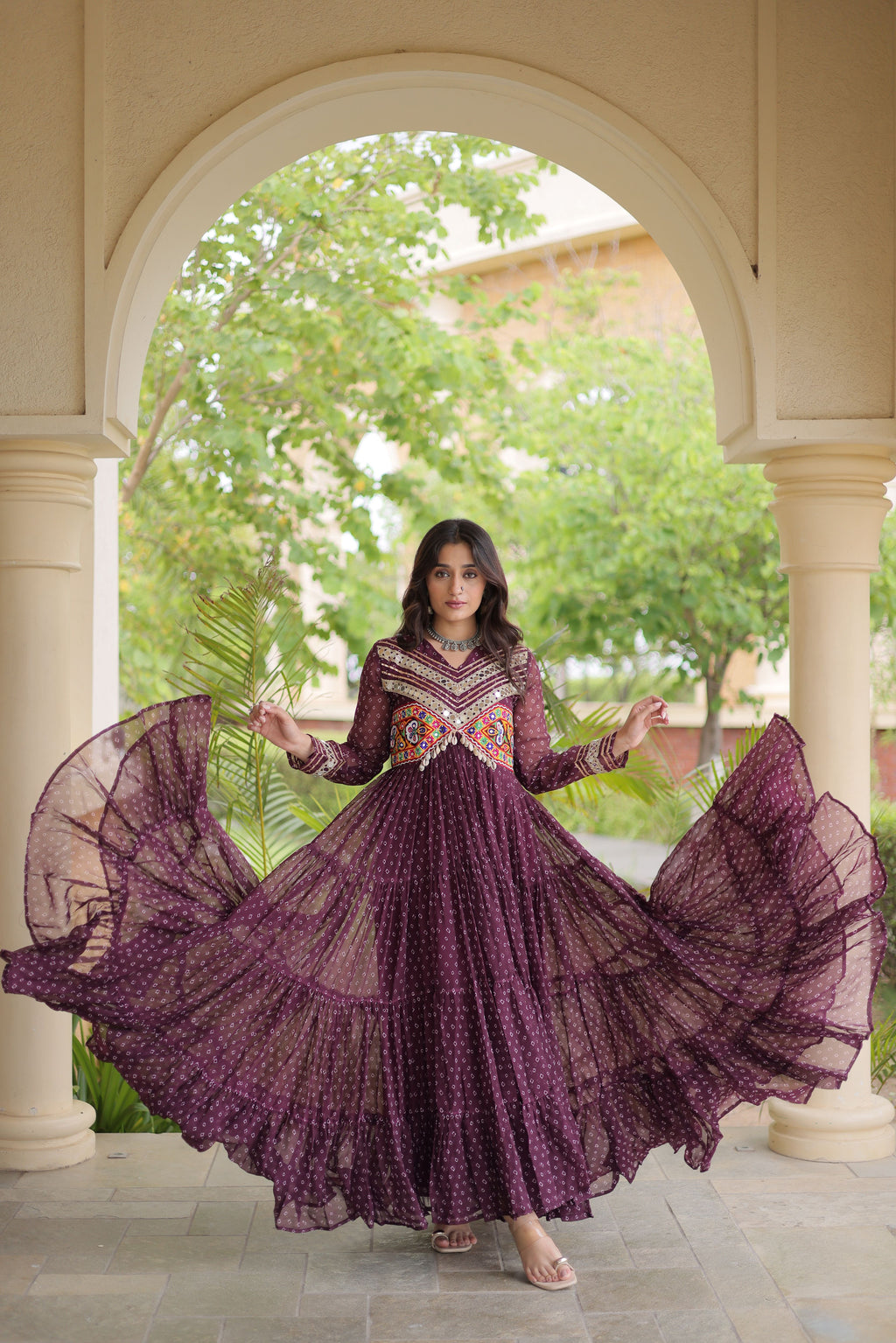 Faux Georgette Bandhani Printed Navratri Gown