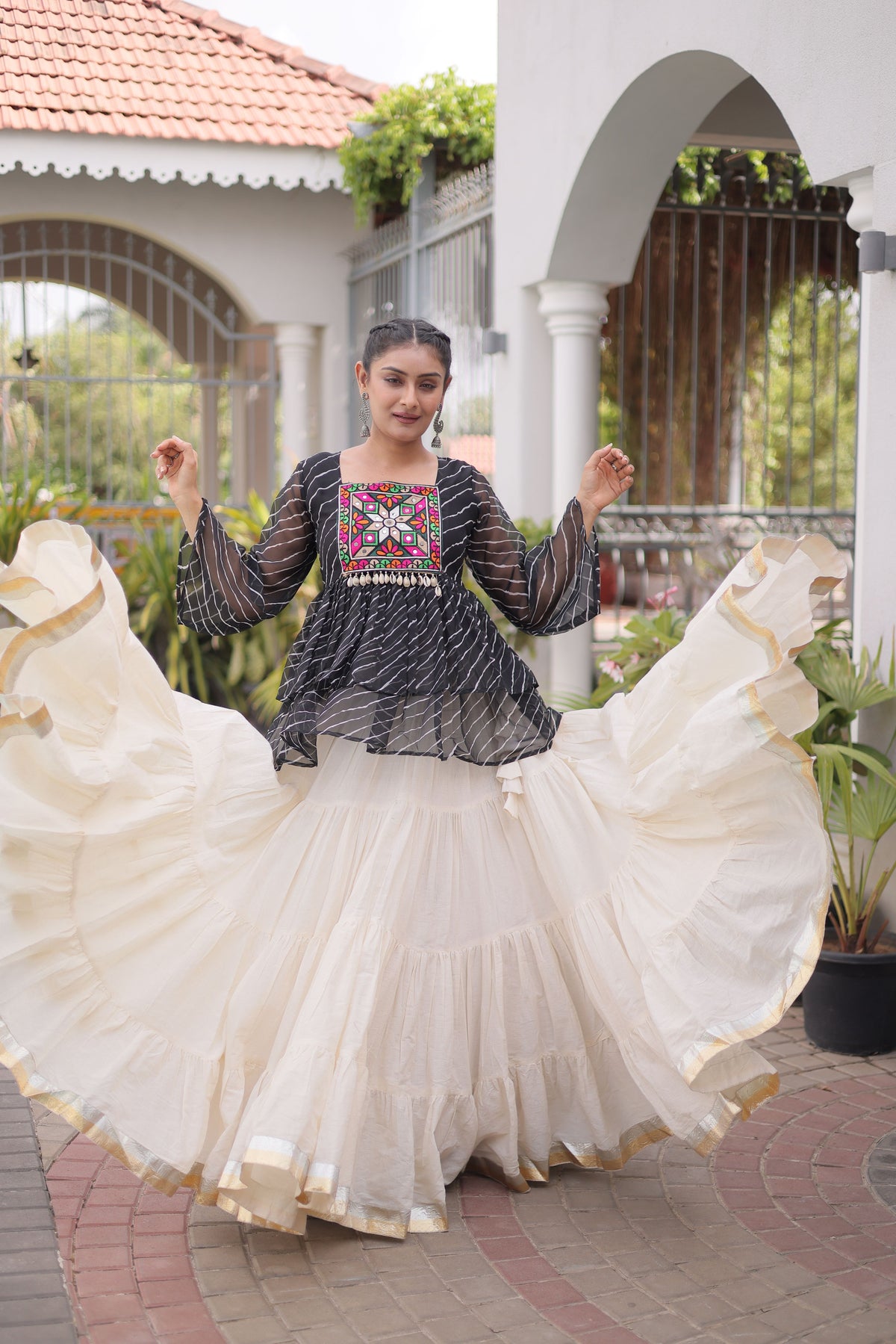 Kora Cotton Laheriya Printed Navratri Lehenga With Top