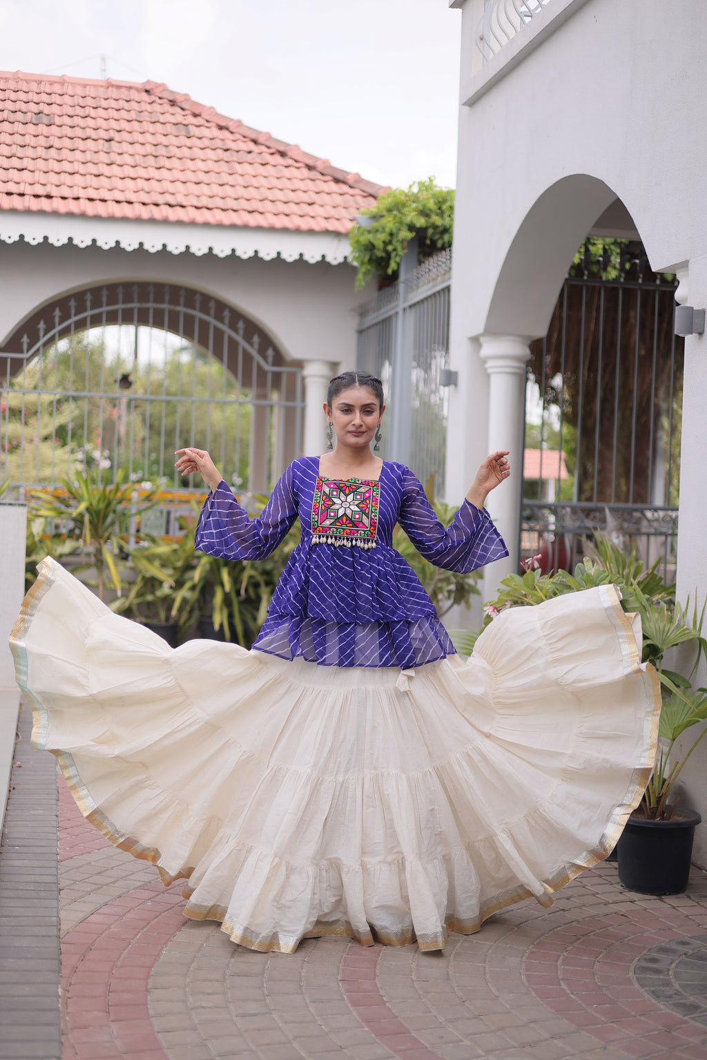 Kora Cotton Laheriya Printed Navratri Lehenga With Top