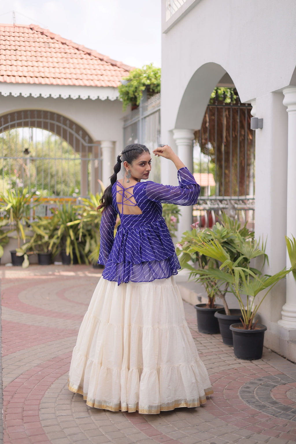 Kora Cotton Laheriya Printed Navratri Lehenga With Top