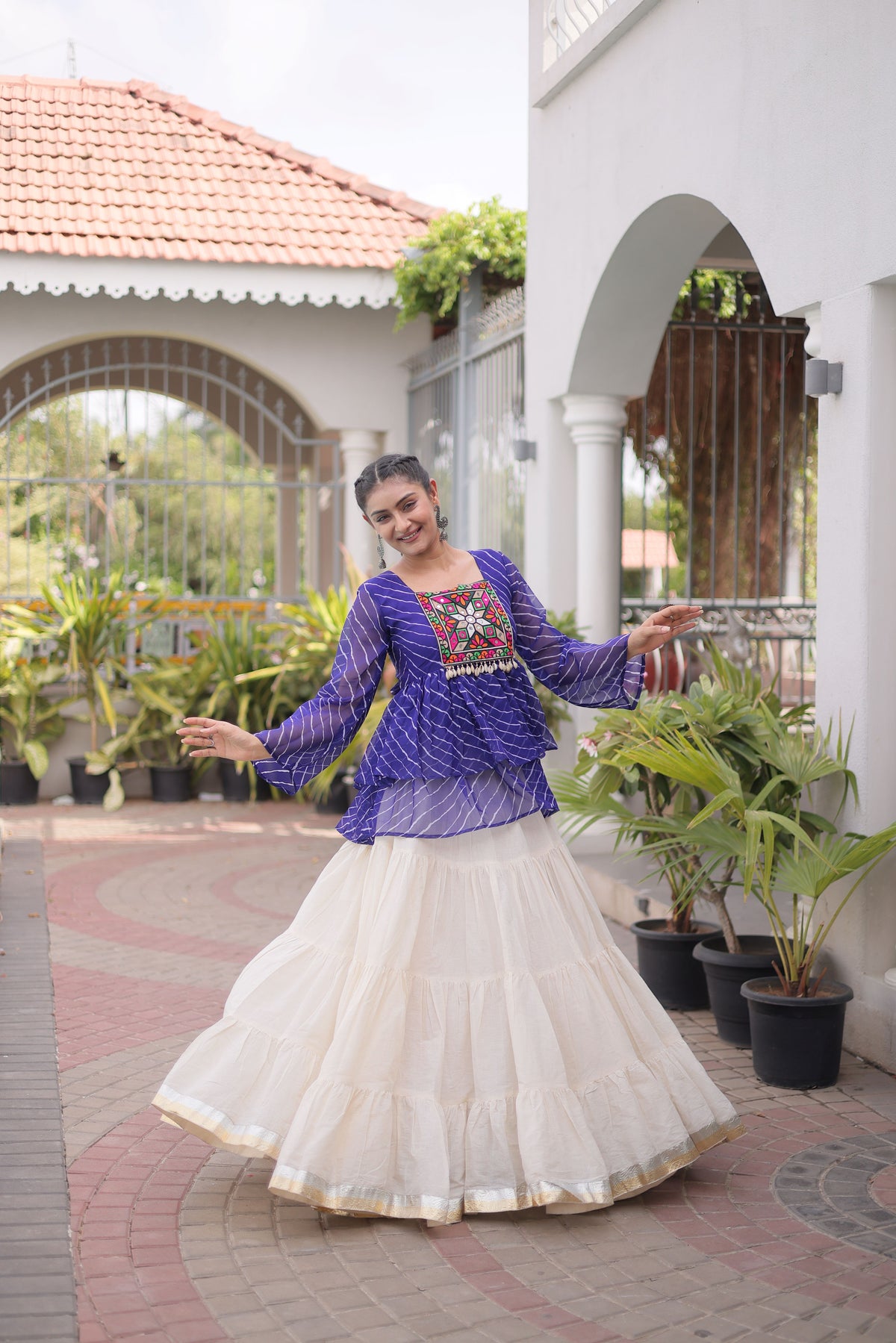 Kora Cotton Laheriya Printed Navratri Lehenga With Top