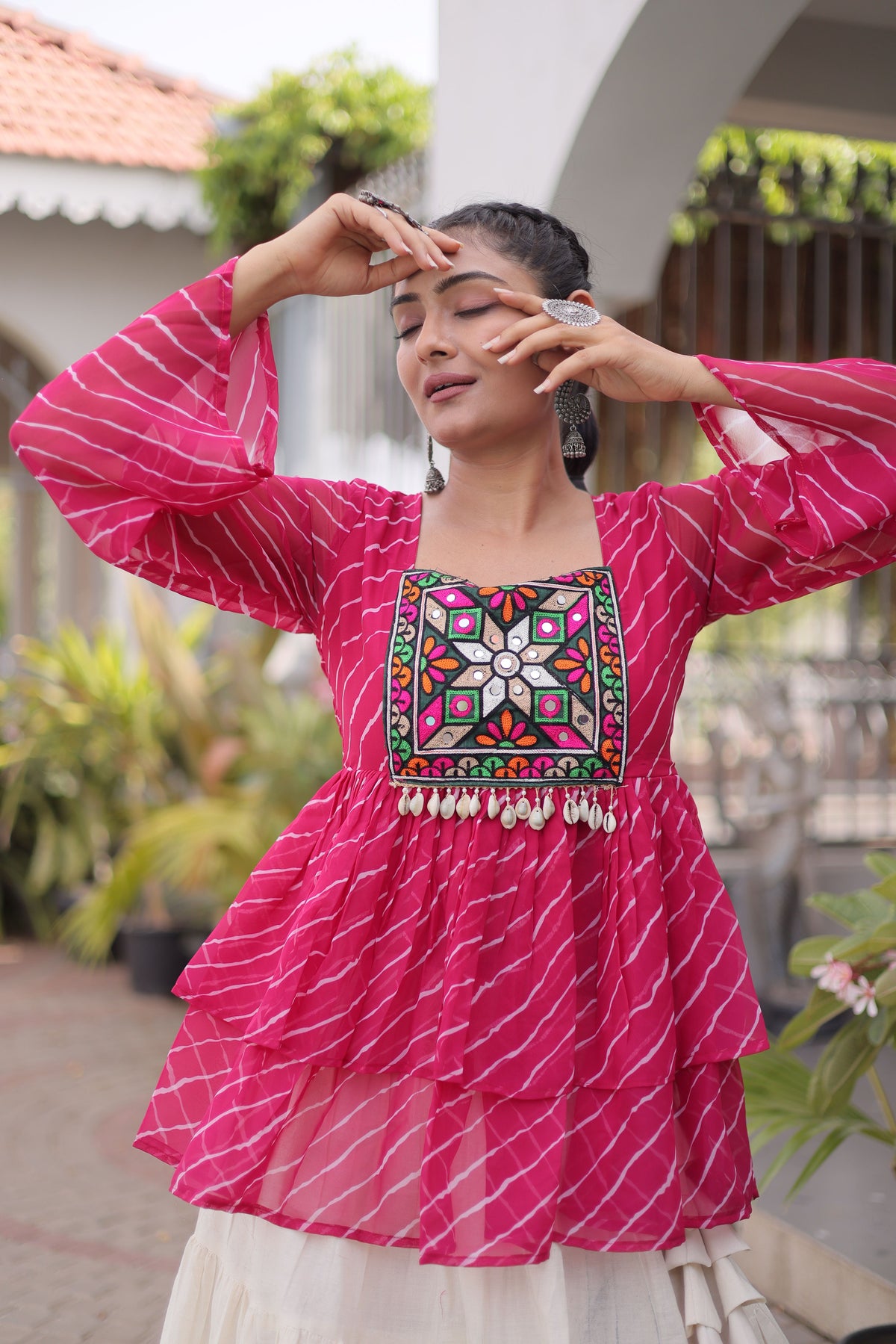 Kora Cotton Laheriya Printed Navratri Lehenga With Top