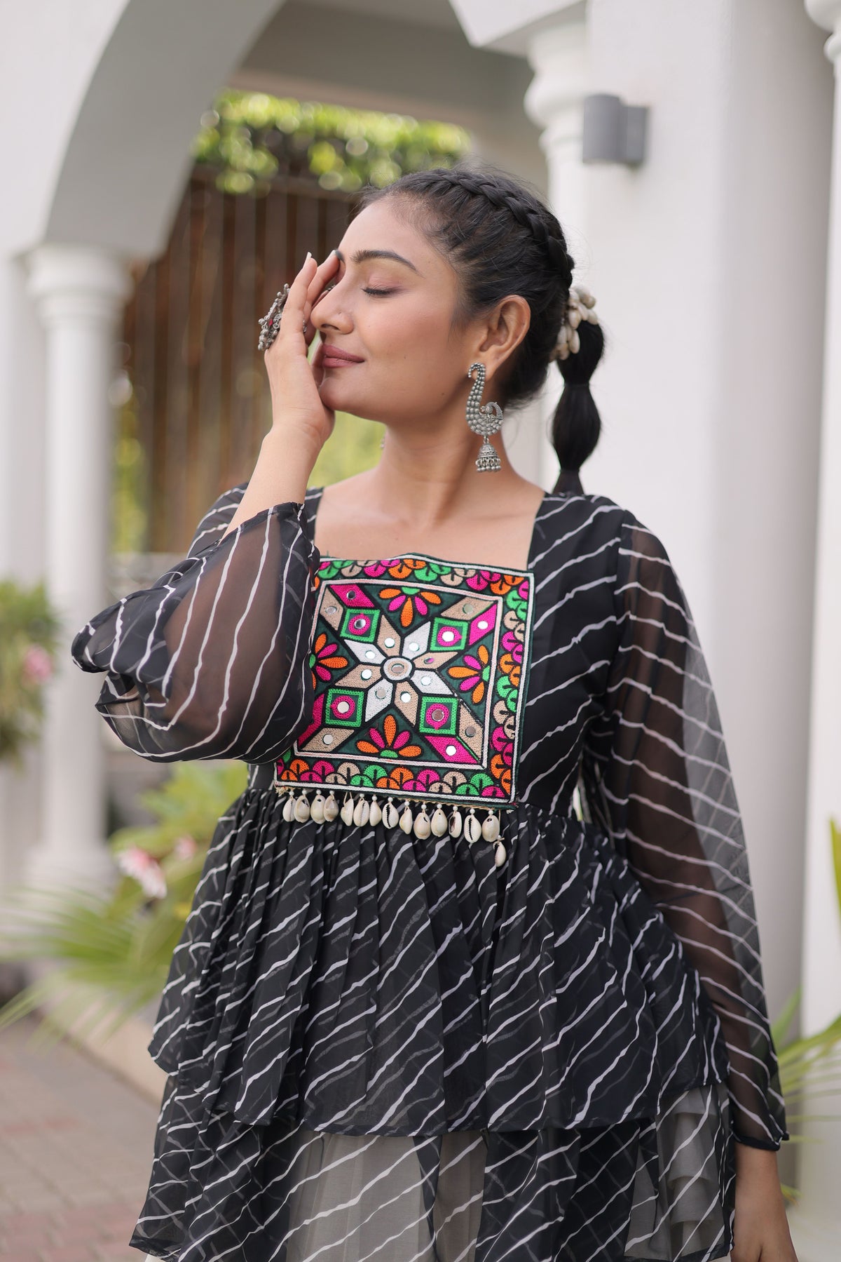 Kora Cotton Laheriya Printed Navratri Lehenga With Top