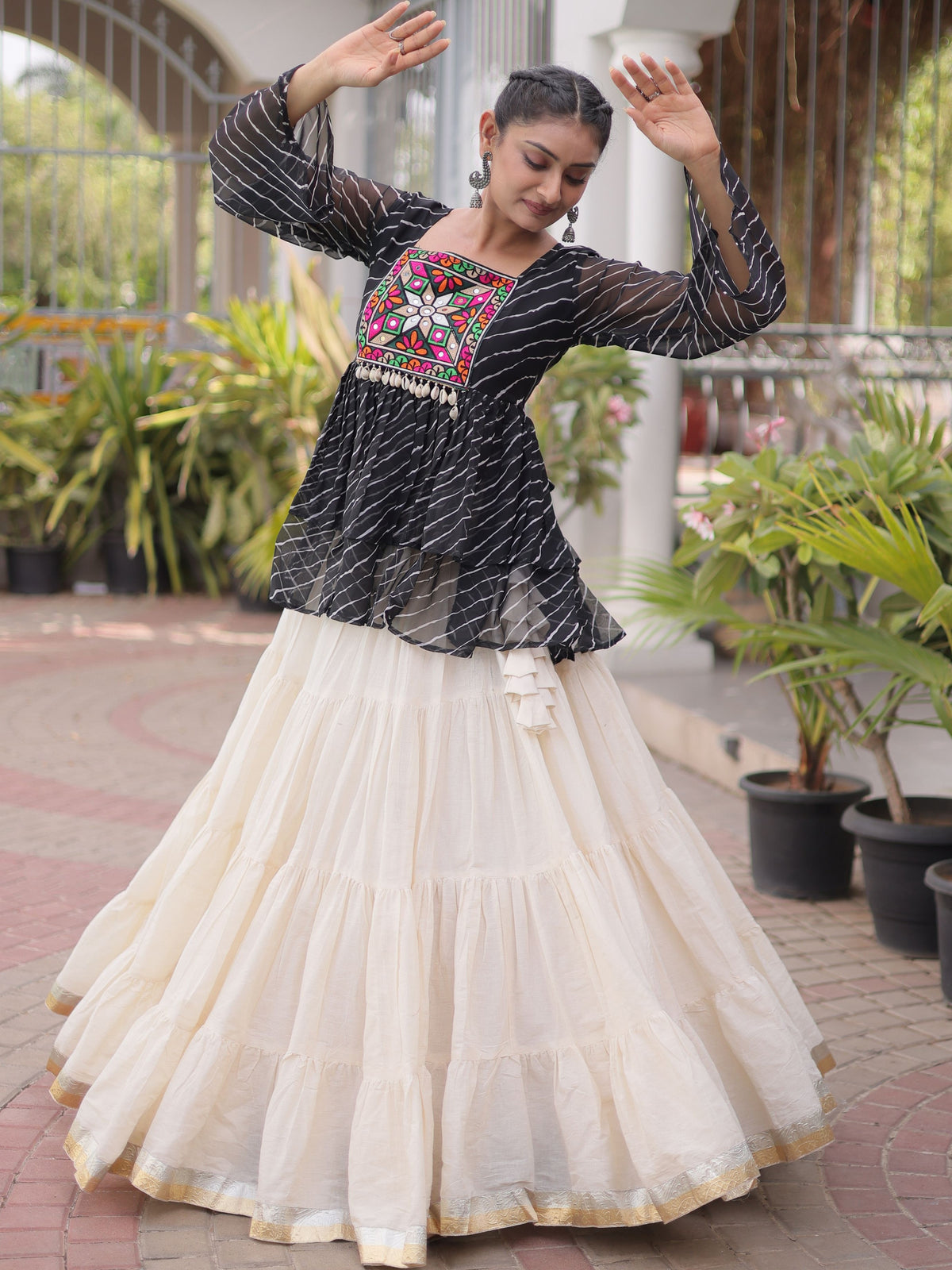 Kora Cotton Laheriya Printed Navratri Lehenga With Top