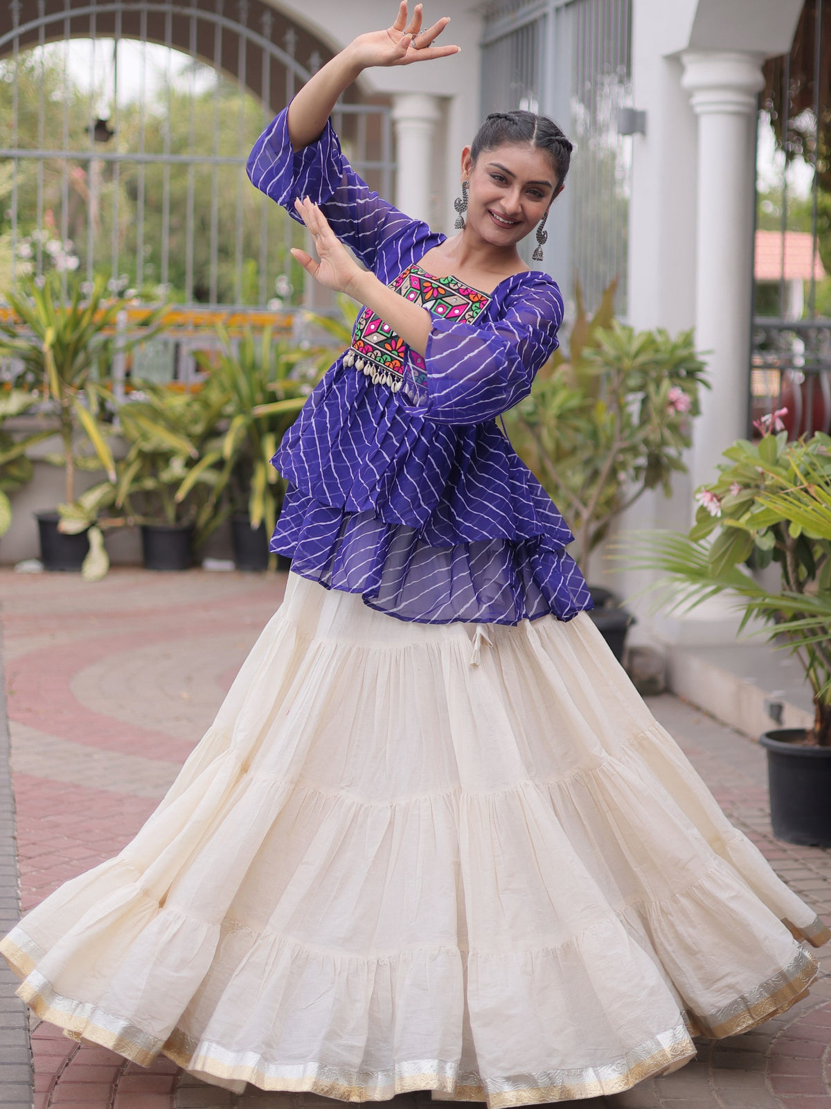 Kora Cotton Laheriya Printed Navratri Lehenga With Top