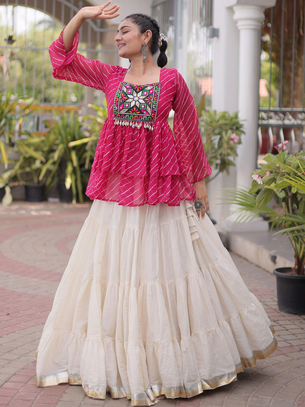 Kora Cotton Laheriya Printed Navratri Lehenga With Top