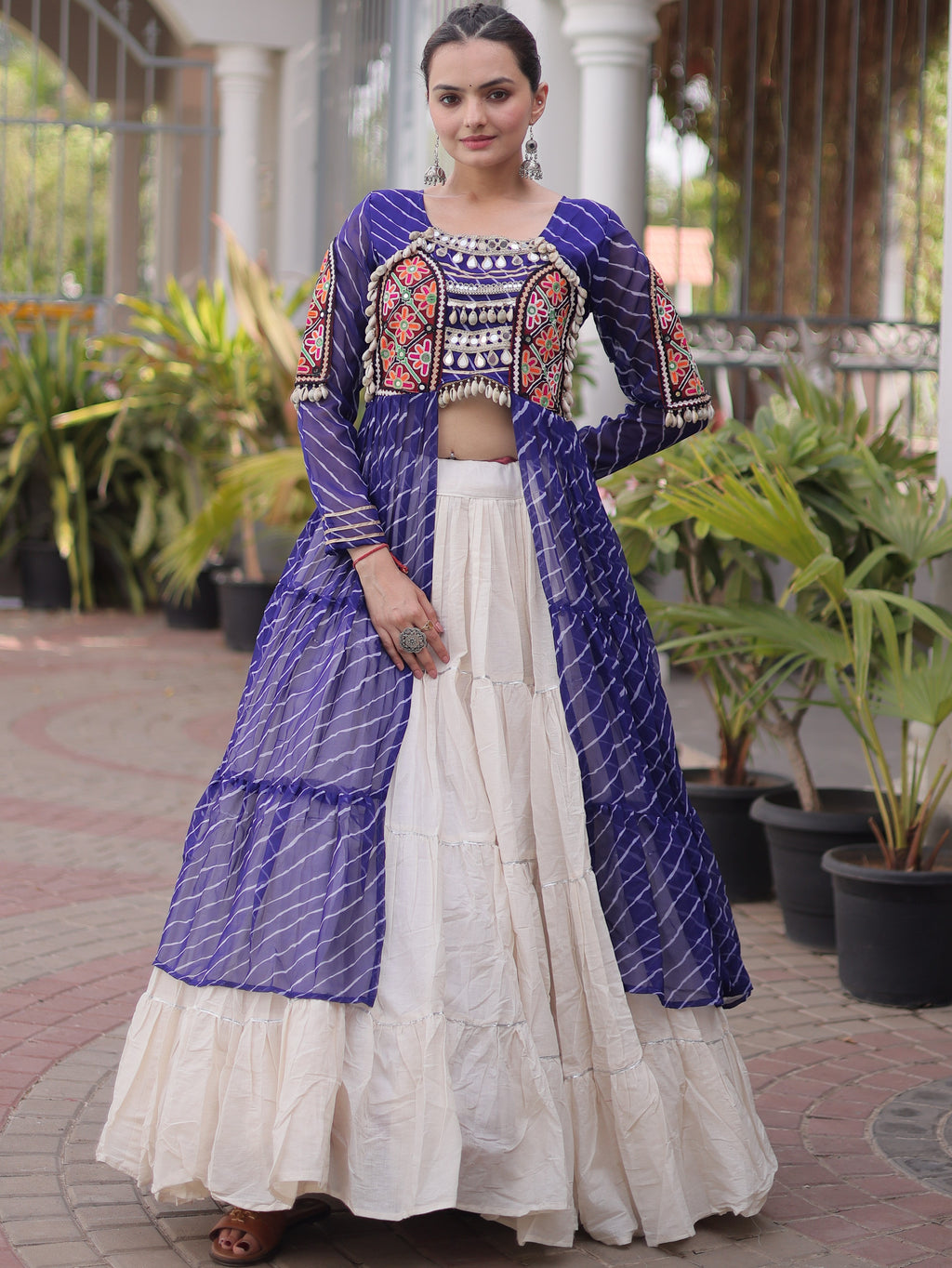 Kora Cotton Leheriya Printed Navratri Lehenga With Kurti