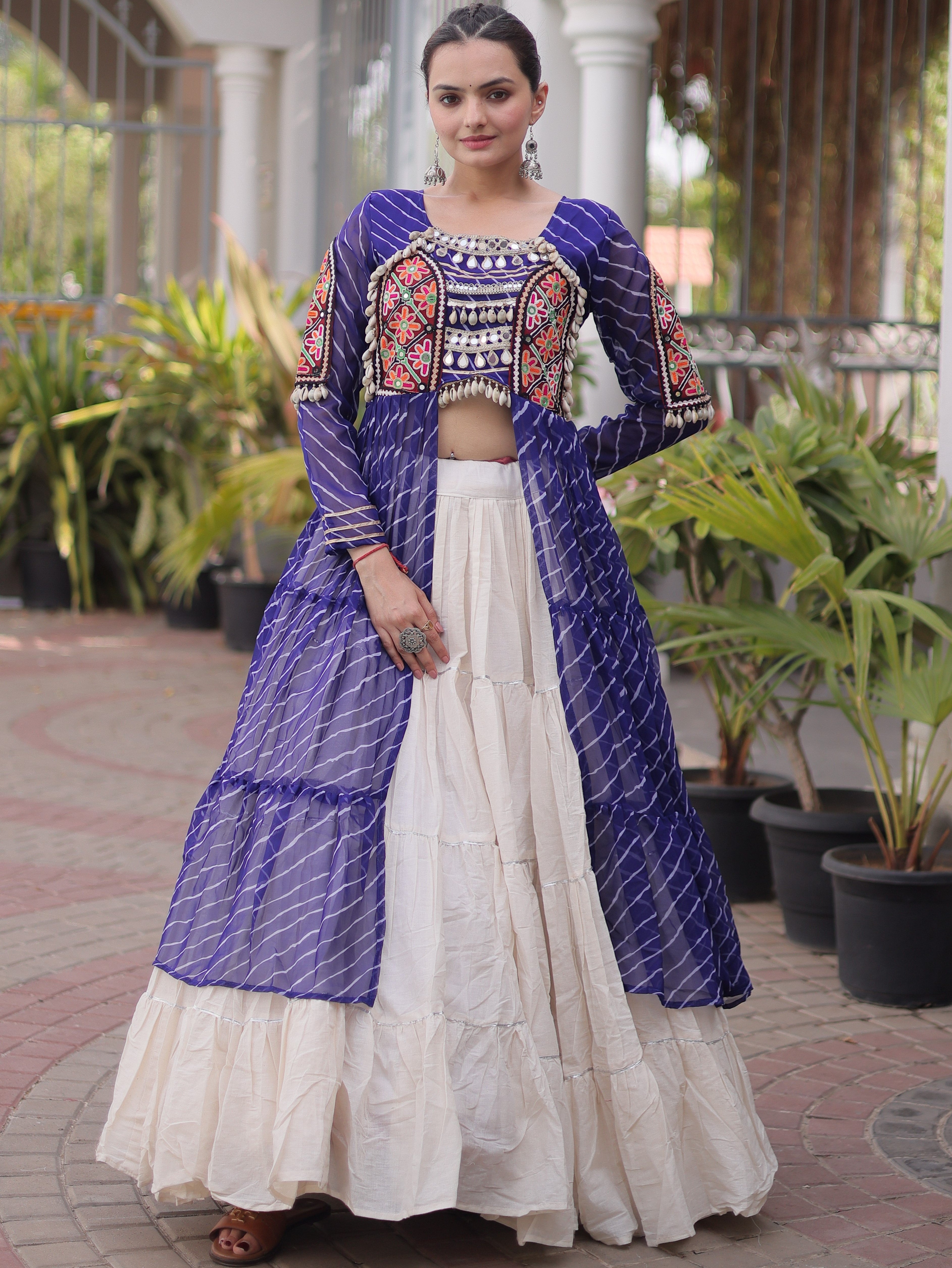 Kora Cotton Leheriya Printed Navratri Lehenga With Kurti