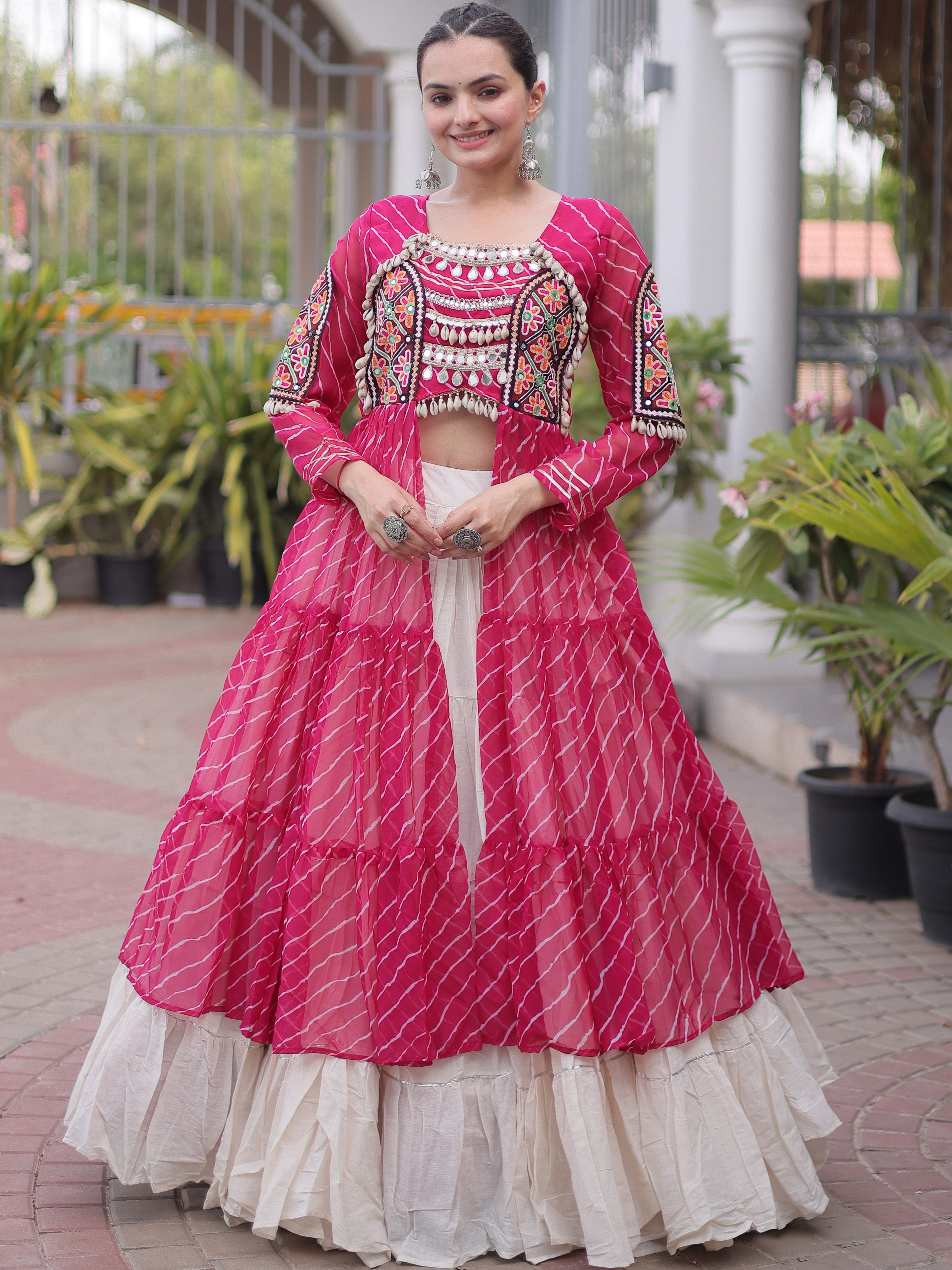 Kora Cotton Leheriya Printed Navratri Lehenga With Kurti