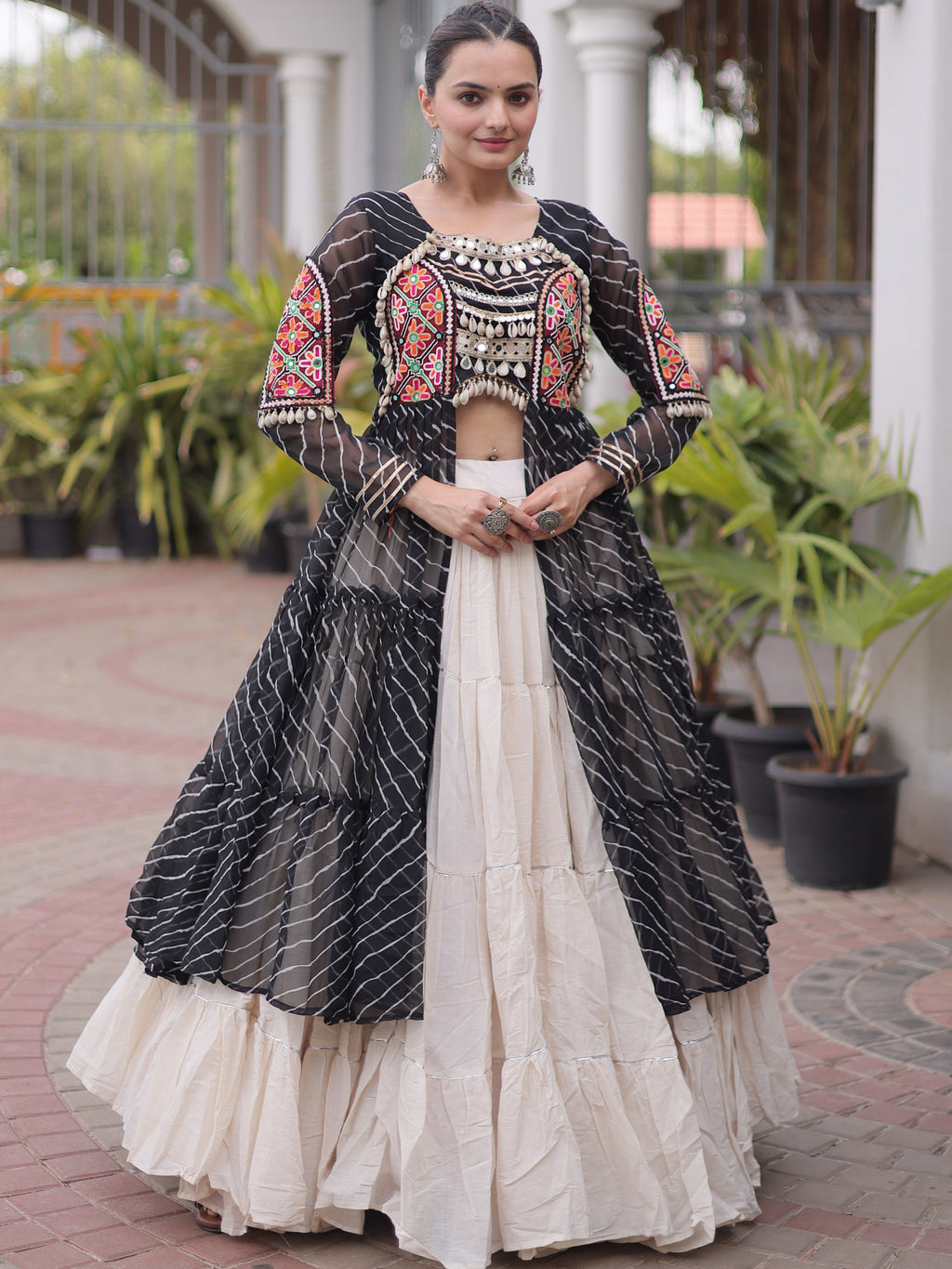 Kora Cotton Leheriya Printed Navratri Lehenga With Kurti