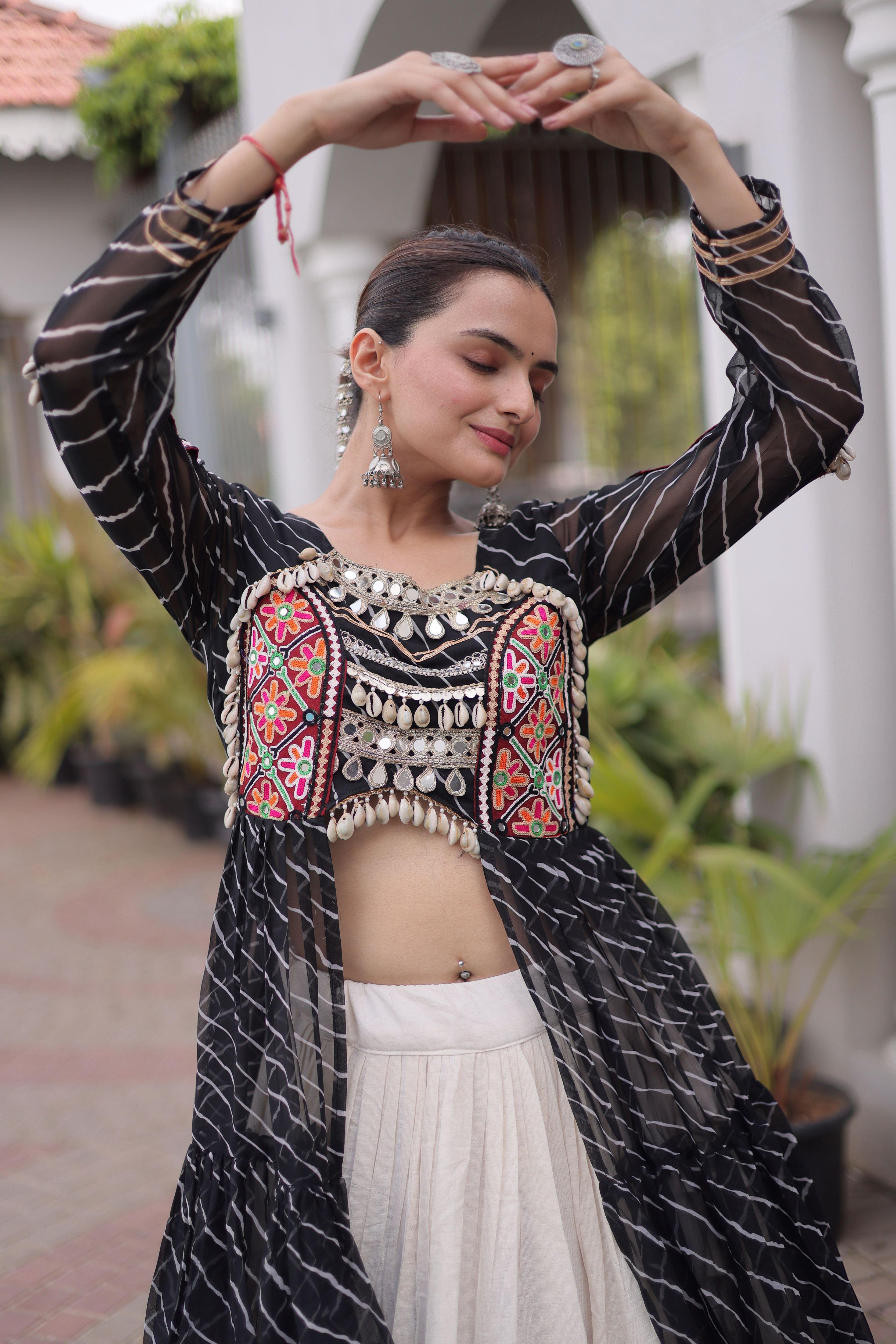 Kora Cotton Leheriya Printed Navratri Lehenga With Kurti