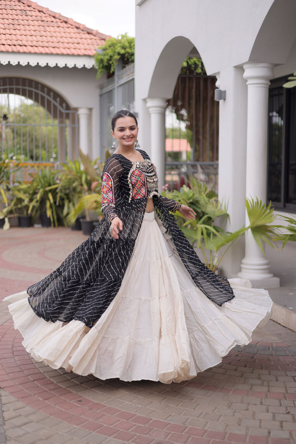 Kora Cotton Leheriya Printed Navratri Lehenga With Kurti