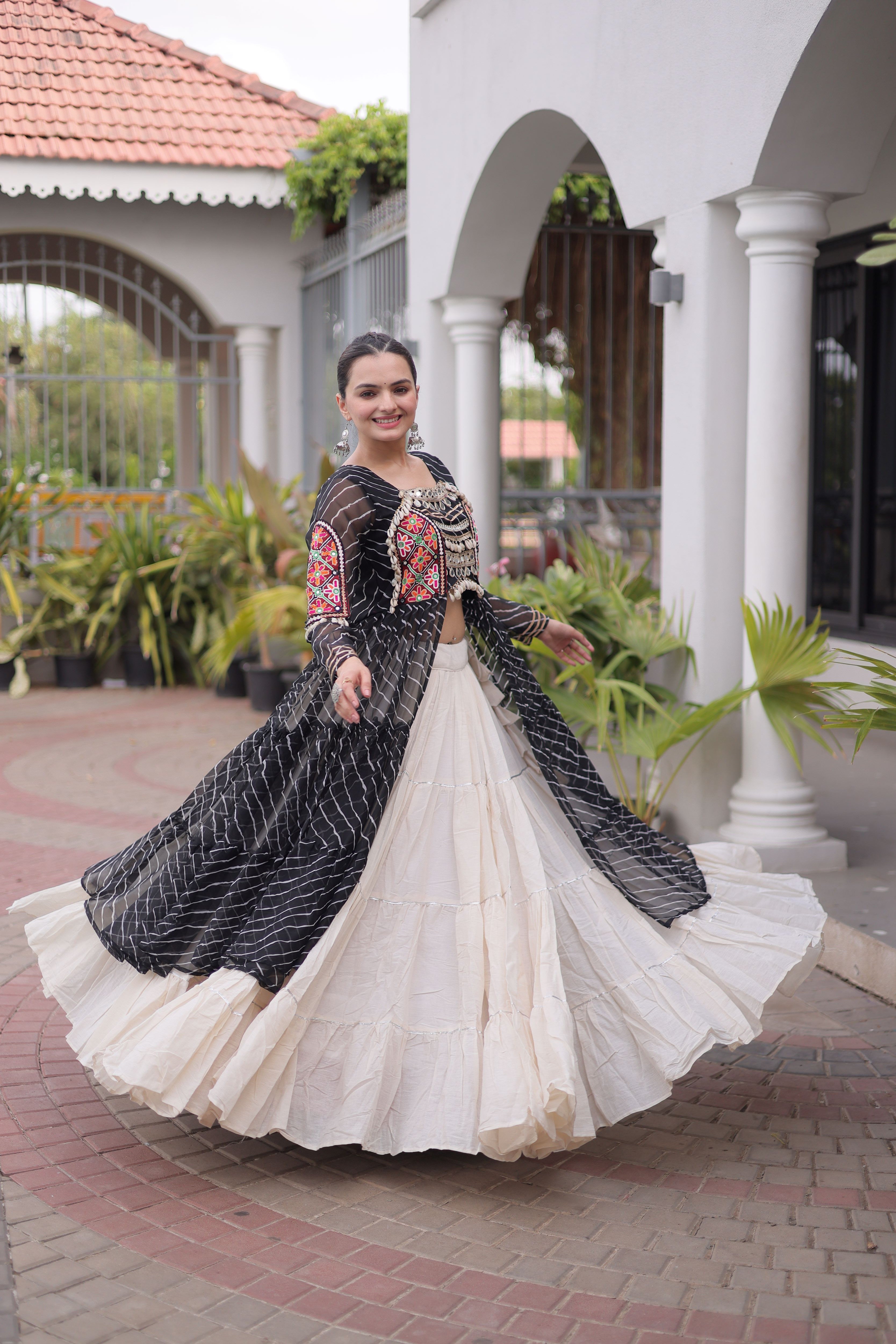 Kora Cotton Leheriya Printed Navratri Lehenga With Kurti