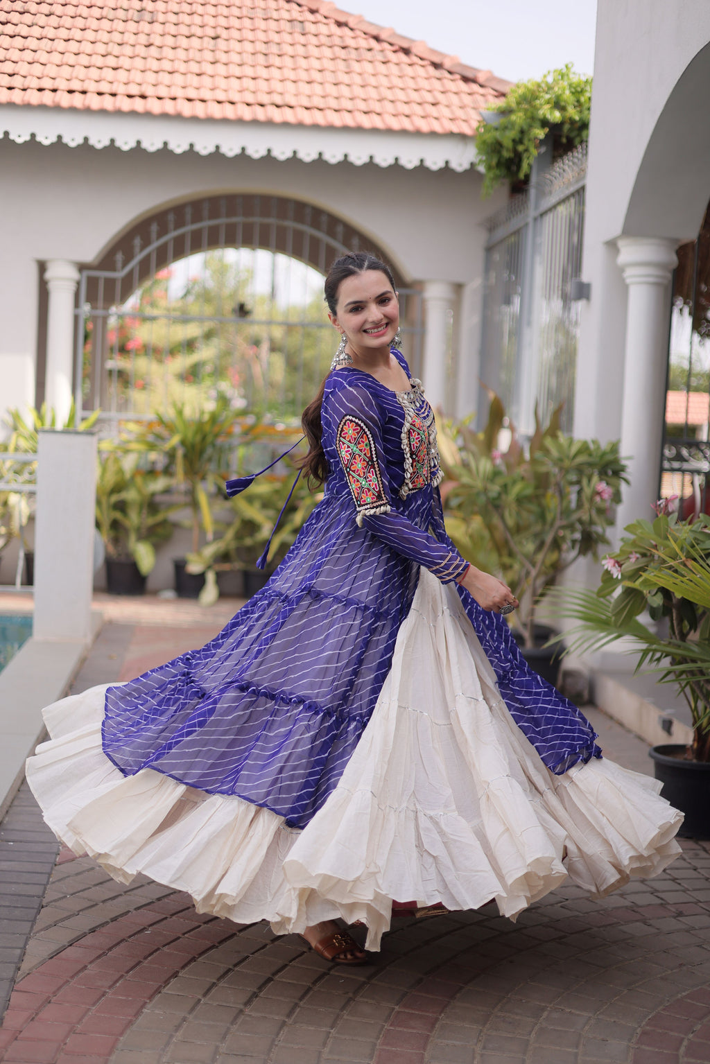 Kora Cotton Leheriya Printed Navratri Lehenga With Kurti