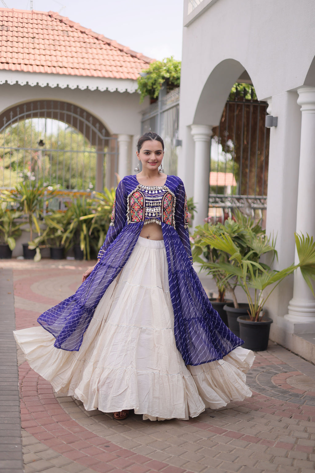 Kora Cotton Leheriya Printed Navratri Lehenga With Kurti
