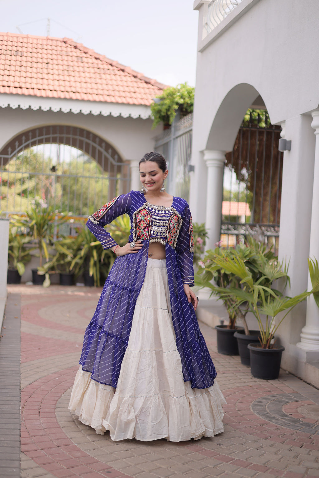 Kora Cotton Leheriya Printed Navratri Lehenga With Kurti
