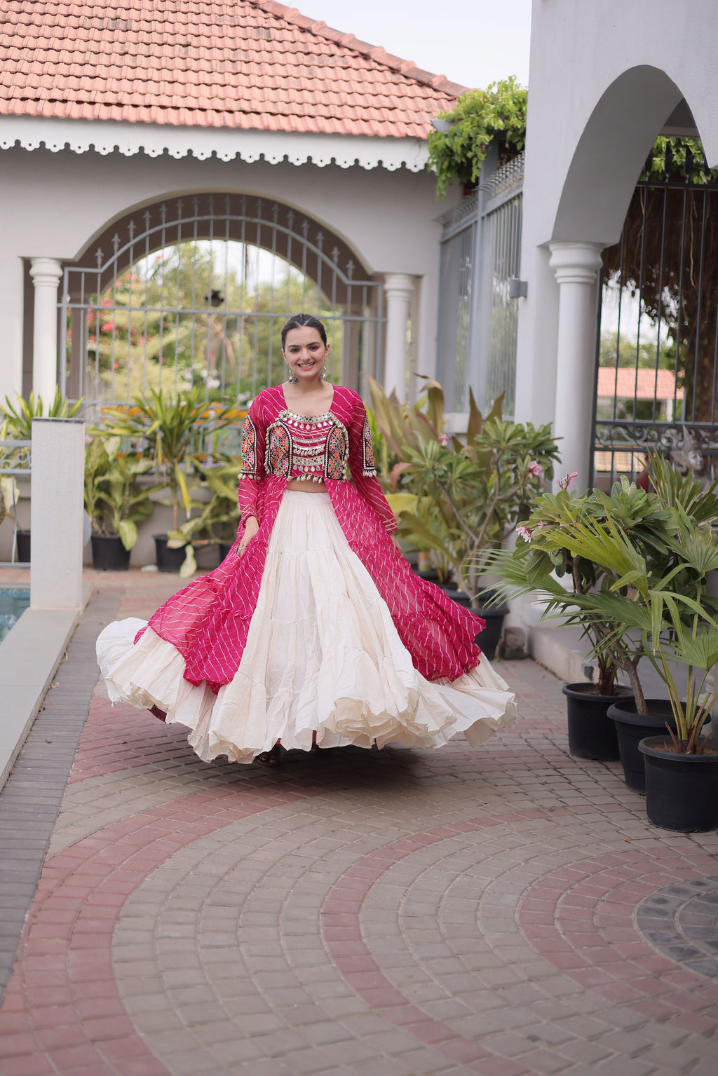 Kora Cotton Leheriya Printed Navratri Lehenga With Kurti