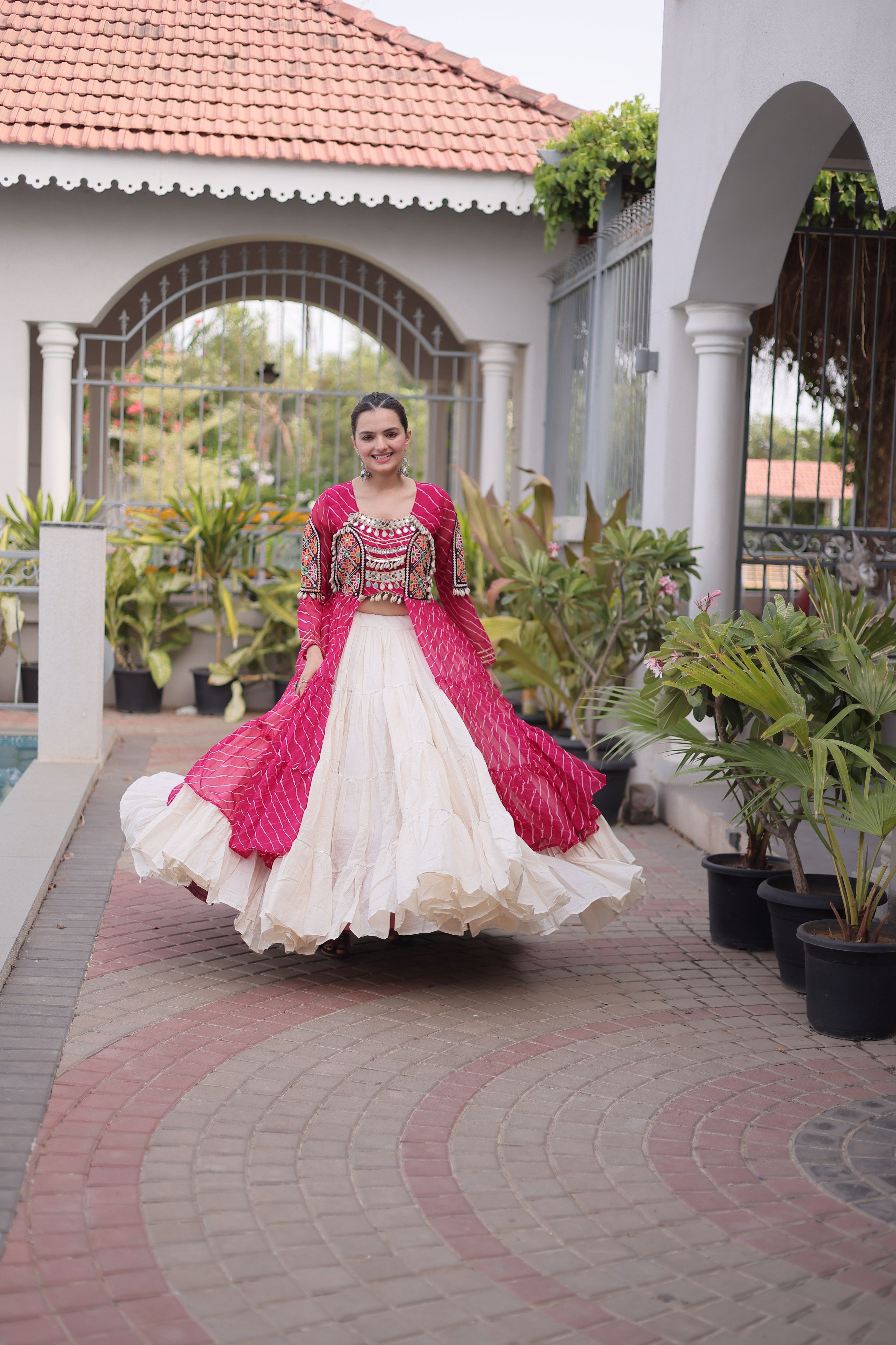 Kora Cotton Leheriya Printed Navratri Lehenga With Kurti